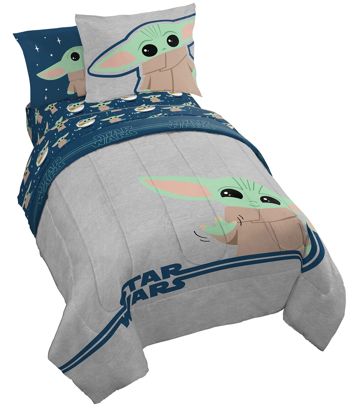 Star Wars The Mandalorian Grogu Twin Bedding Set - 5 Piece Kids Bed Set with Comforter & Sheet Set | Ultra Soft Microfiber, Fade Resistant | Official Licensed Star Wars Merchandise | Perfect for Kids' Bedrooms, Sleepovers & Star Wars Themed Rooms
