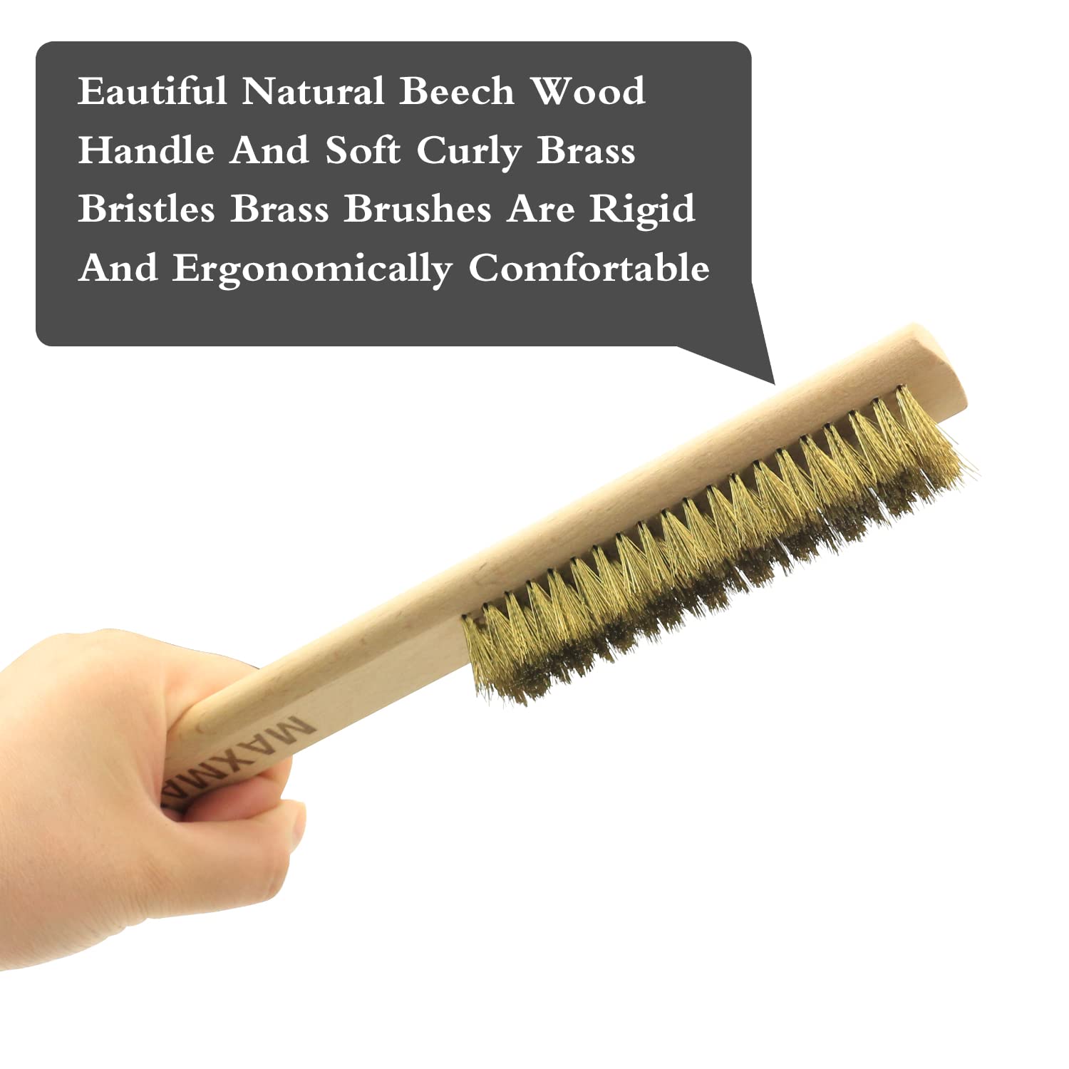 MAXMAN Copper Brass Brush with Soft Bristles – 10 Inch Natural Beechwood Handle for Rust Removal, Metal Surface Cleaning & Texturing – Heavy Duty Wire Brush for DIY, Automotive, Welding & Home Improvement Projects