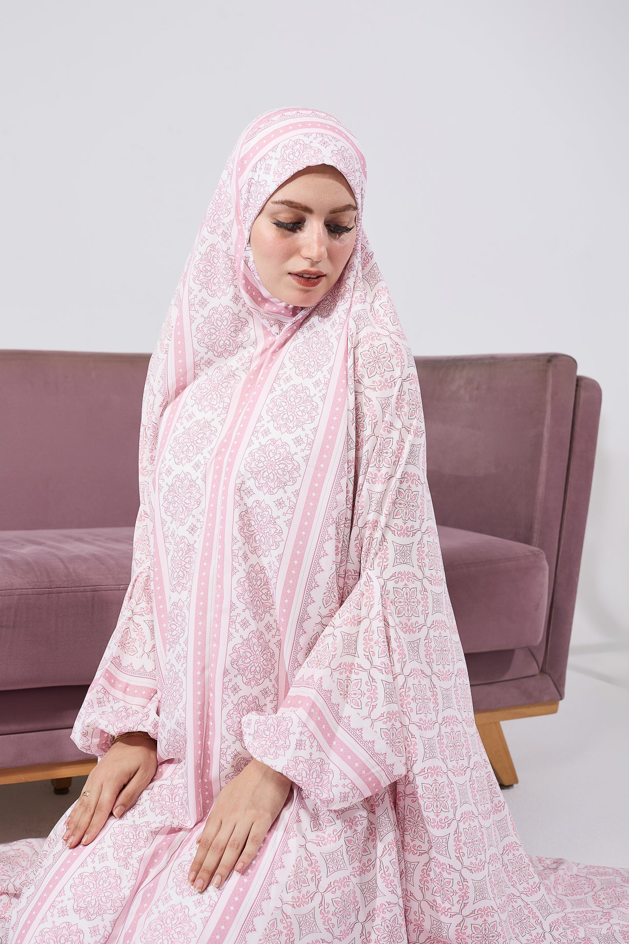 Aaliyah Blush Satin Prayer Gown with Intricate Floral Embroidery - Elegant Islamic Prayer Dress for Women, Modest Nightgown & Special Occasion Wear