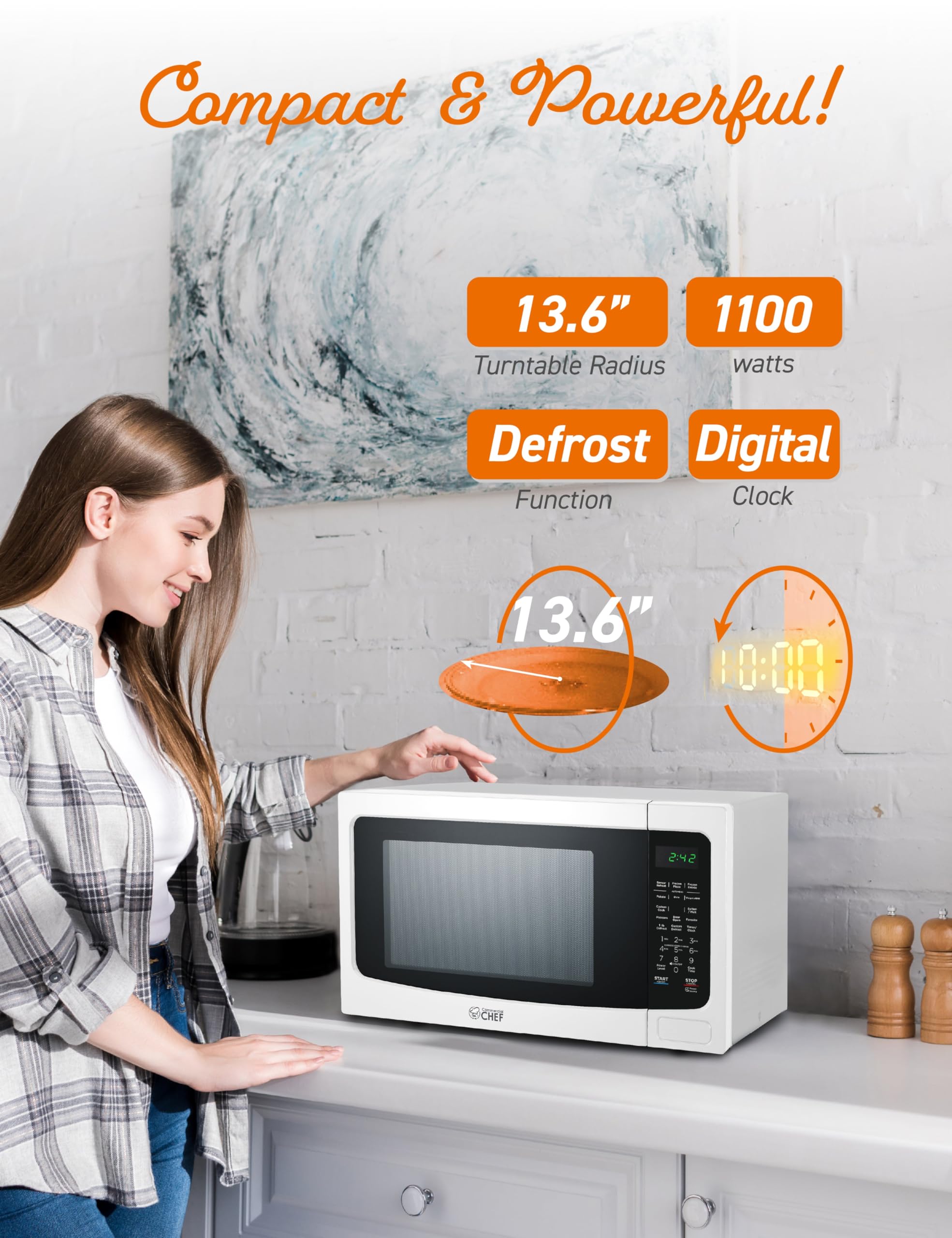 Commercial Chef 1.6 Cu Ft Countertop Microwave - 1100W, 10 Power Levels, Digital Control Panel, Child Safety Lock, White - Perfect for Dorms, Offices & Small Kitchens