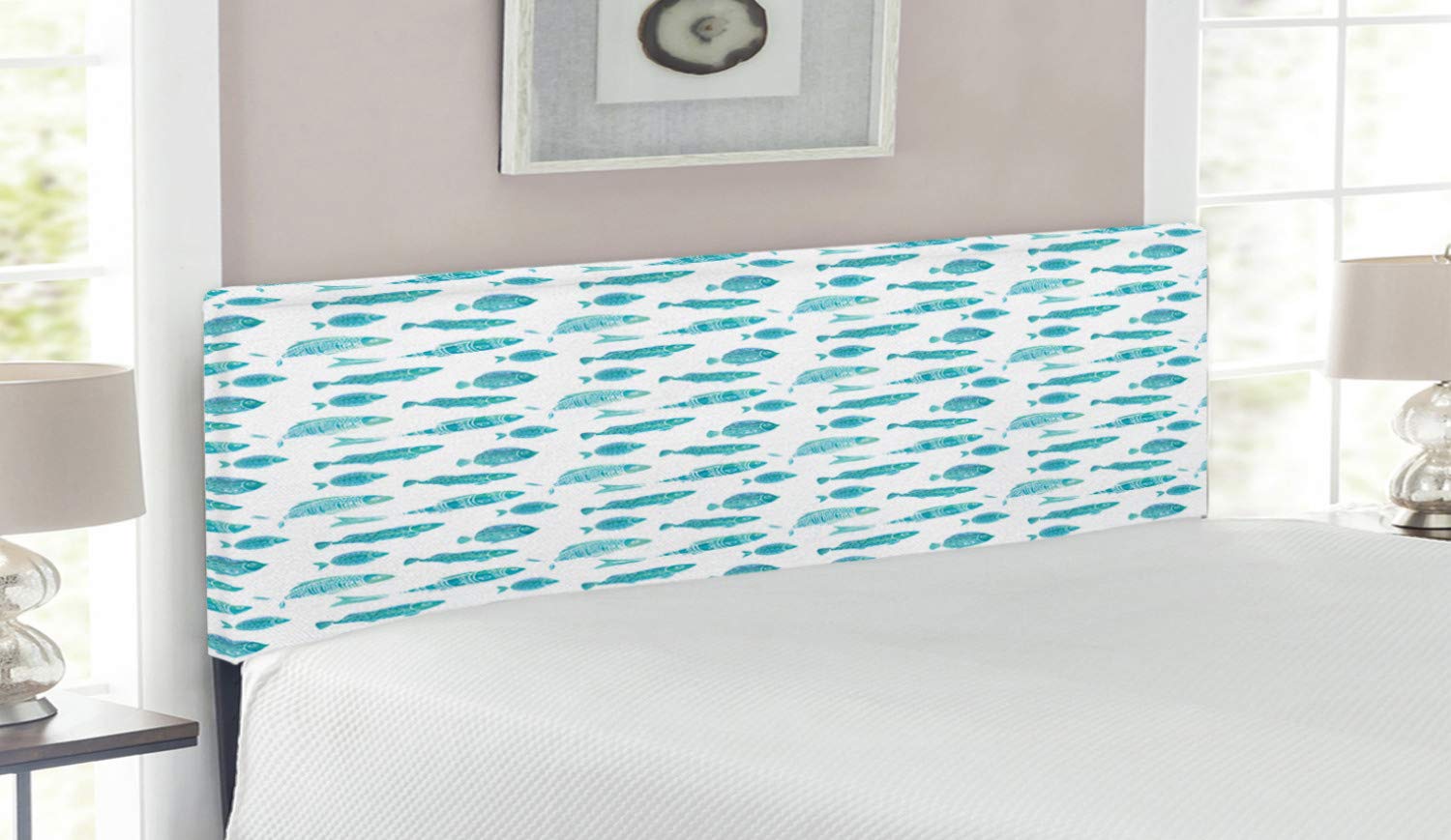 Ambesonne Queen Size Fish Headboard - Doodle Art Ocean Animal Silhouettes Underwater Life Theme - Upholstered Decorative Metal Bed Headboard with Memory Foam in Mint Green & White - Perfect for Kids' Bedroom, Beach House Decor or Aquatic Themed Nursery