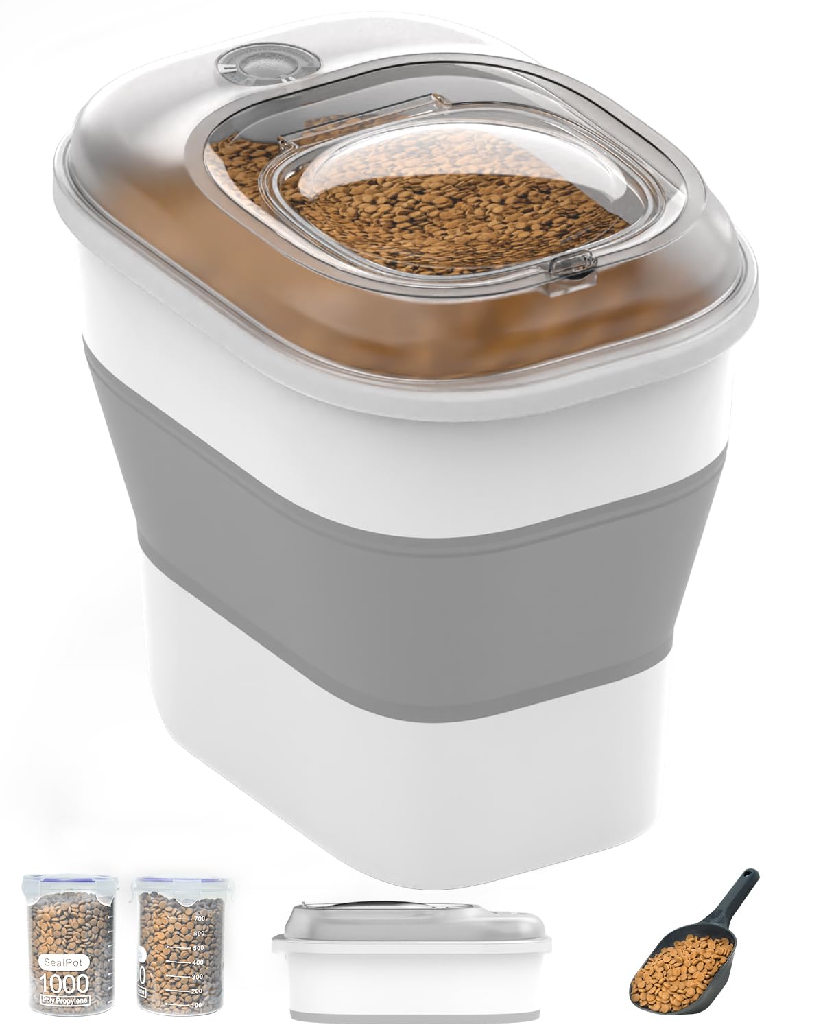 30-35Lbs Collapsible Dog Food Storage Container with Airtight Lid - Clear Pet Food Bin with Wheels, Date Tracker & Scoop - Perfect for Dry Kibble, Rice Storage & Bulk Pet Food Organization (35LB Capacity)