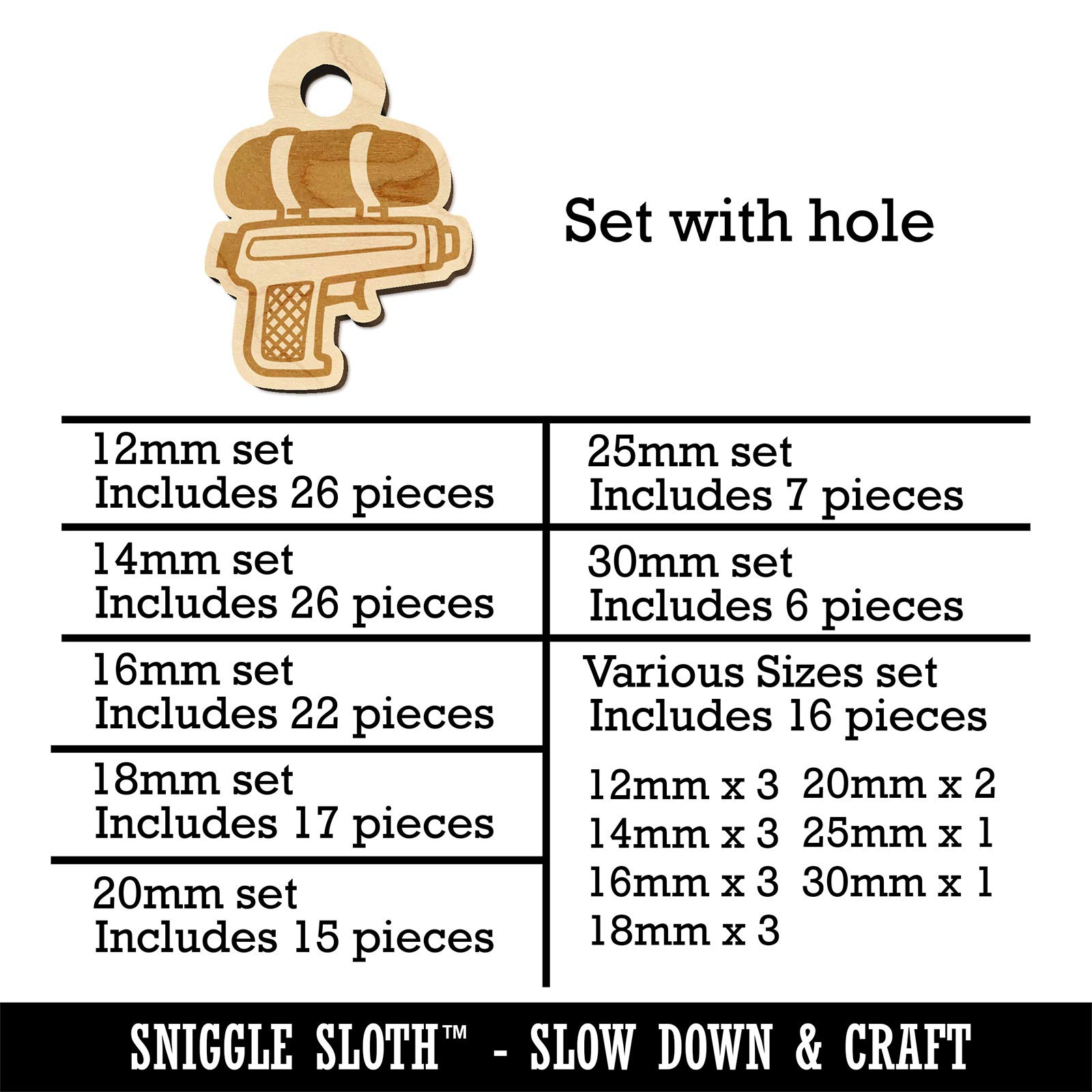 Mini Wooden Toy Water Gun Pistol Charms - 16mm (22pcs) with Hole - DIY Craft Jewelry Making Supplies for Keychains, Bracelets & Scrapbooking
