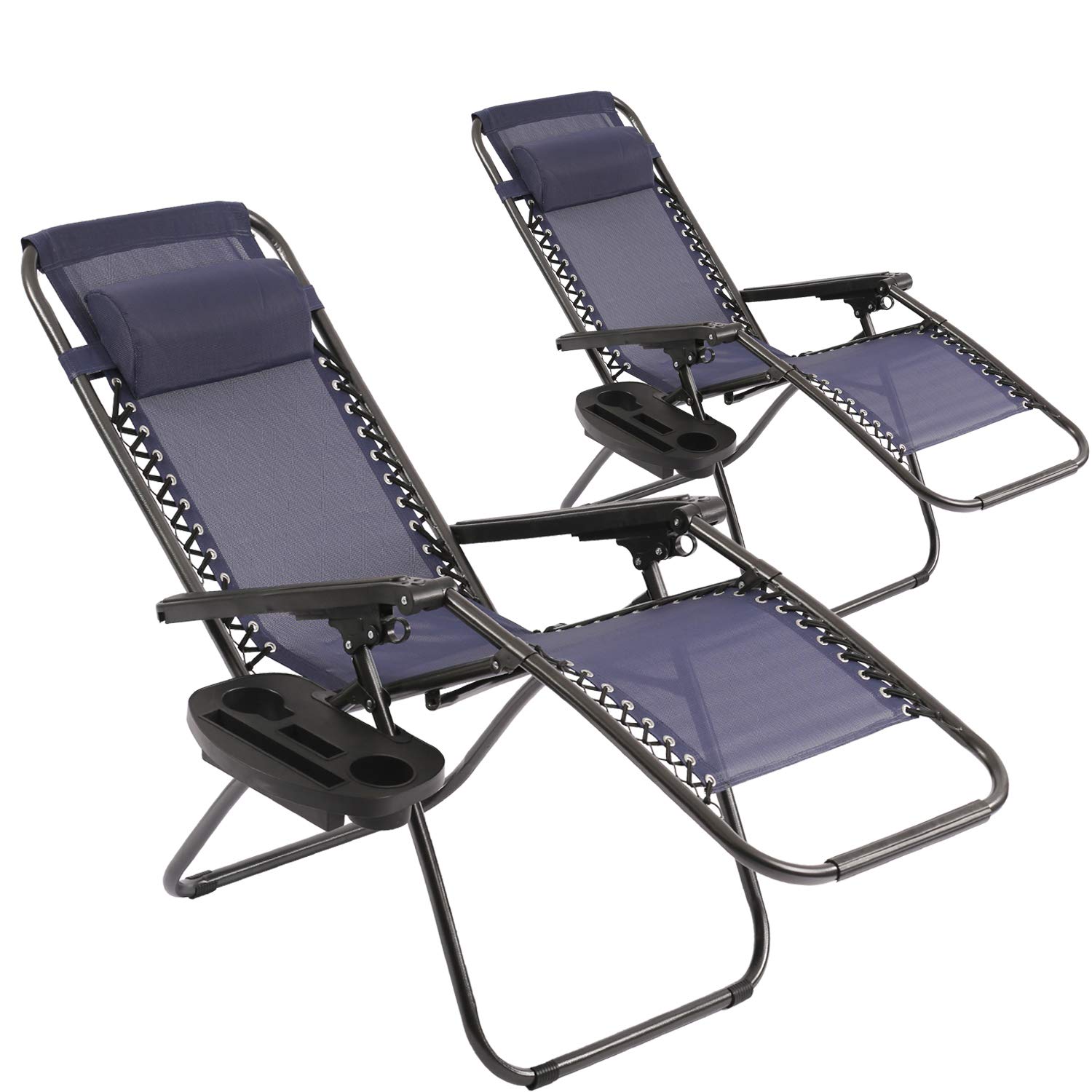 2-Pack Zero Gravity Lounge Chairs with Pillow & Cup Holder - Adjustable Anti-Gravity Reclining Outdoor Patio Chairs for Garden, Poolside, Beach & Backyard Relaxation (Blue)