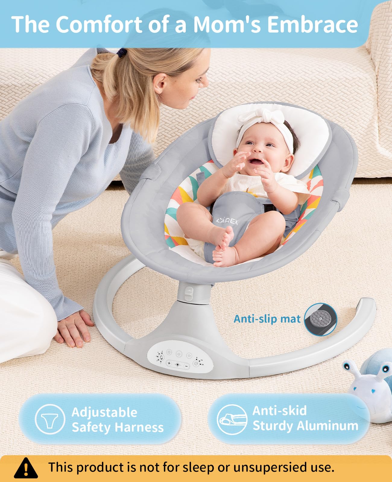 LAREX Electric Baby Swing with Bluetooth, 5 Speed Settings & Remote Control - Portable Infant Rocker for Newborns (Grey) - Perfect for Nursery, Travel & Soothing Fussy Babies