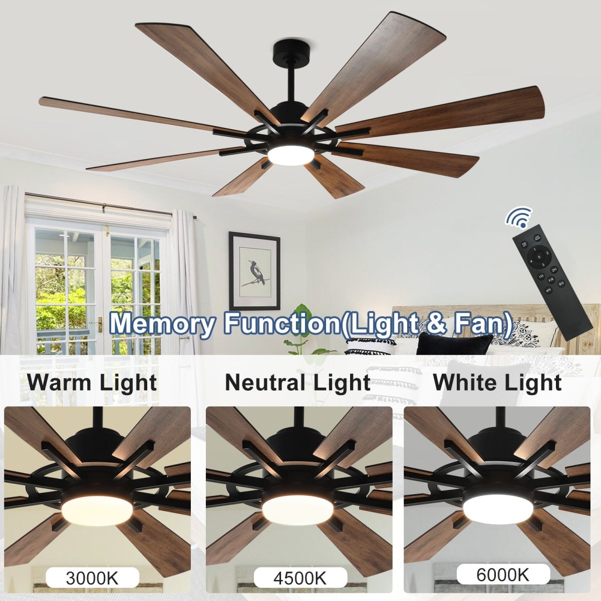 Depuley 72 Inch Modern Black LED Ceiling Fan with Lights & Remote Control - 8 Reversible Blades, 3 Color Options, 5 Speed Quiet Motor - Perfect for Living Room, Bedroom, Office, Patio & Covered Outdoor Spaces (Timer Function Included)