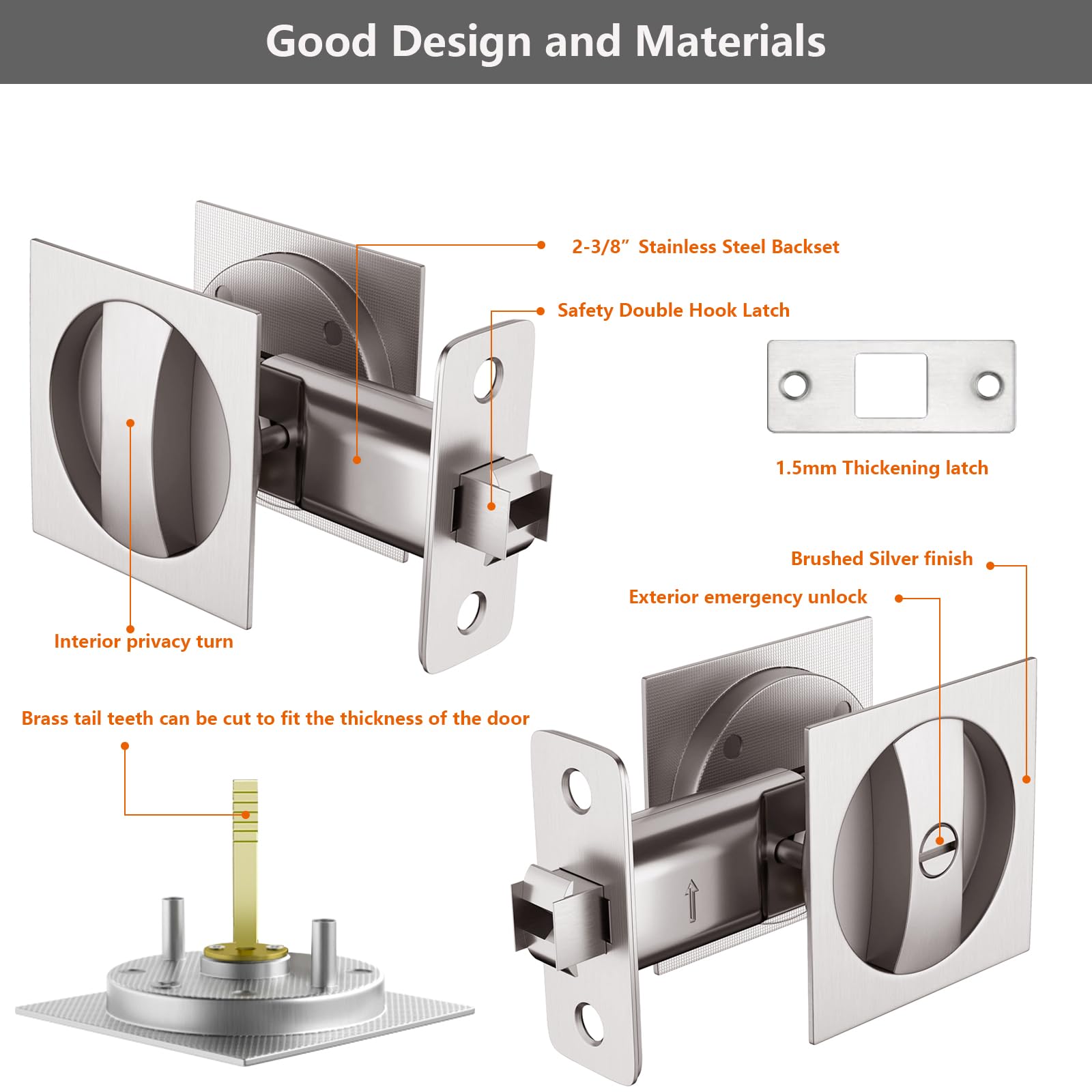 Square Pocket Door Lock - Satin Nickel Privacy Lock for Bathroom & Bedroom (1 Pack) - Fits 1-3/8