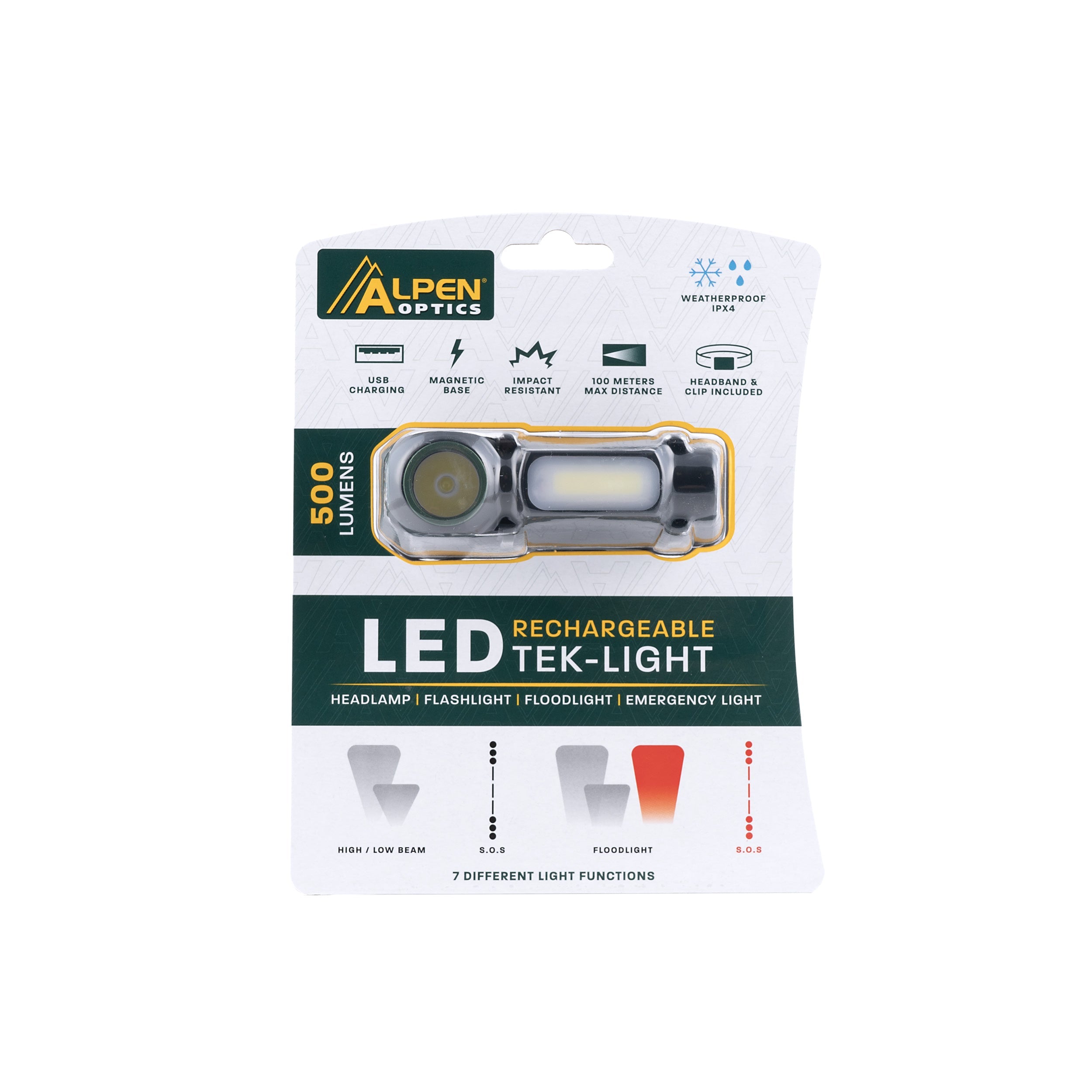 Alpen LED Rechargeable Headlamp - 500 Lumens, Waterproof, Hands-Free Headlight for Camping, Hiking, Running & Outdoor Adventures