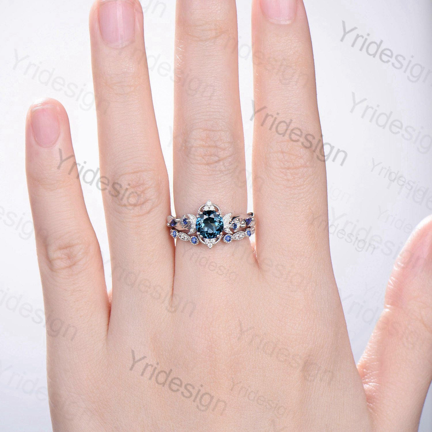 London Blue Topaz Engagement Ring Set for Women – Nature Inspired Art Deco Wedding Ring with Open Gap Sapphire Accents | Perfect for Bridal, Anniversary & Special Occasion Gifts