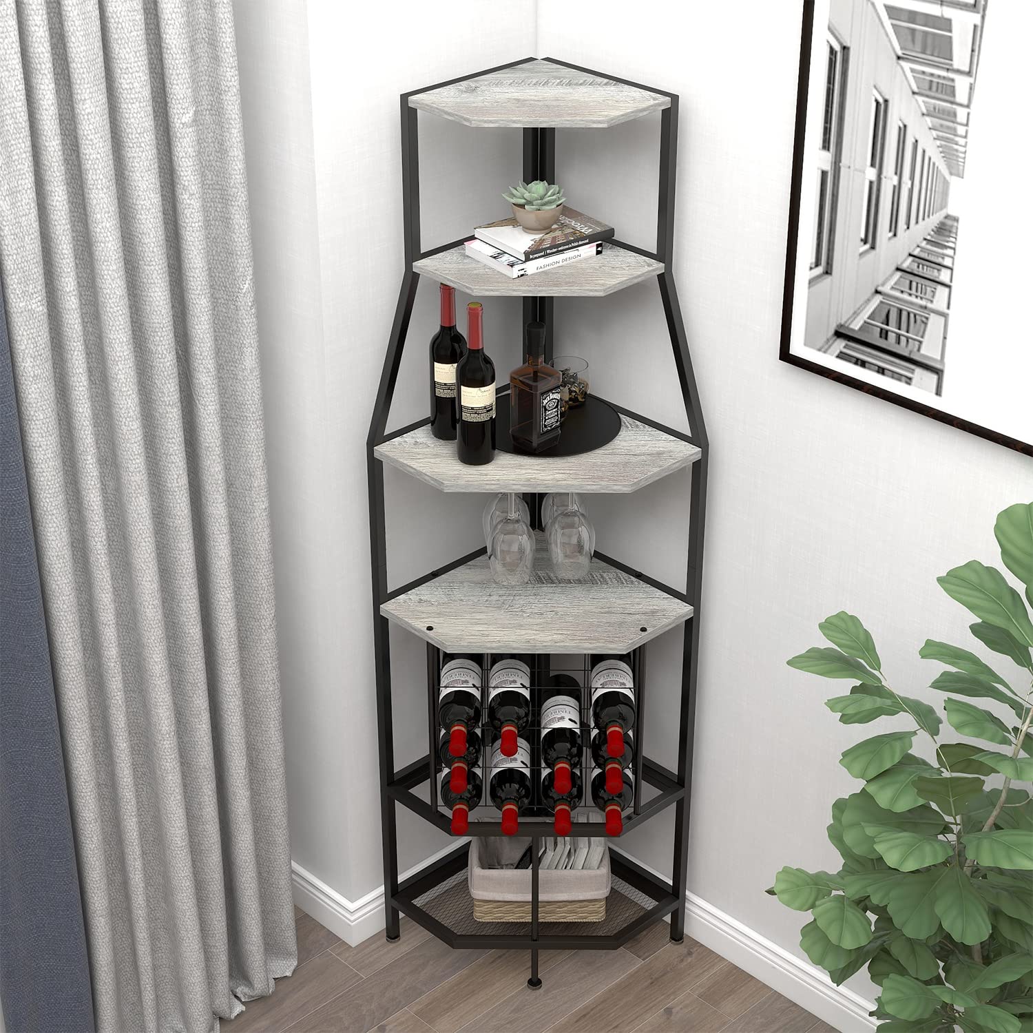 5-Tier Corner Wine Rack Floor Standing - Metal & Wood Wine Storage Shelf with Glass Holder for Kitchen, Dining Room, Home Bar | Space-Saving Corner Shelf for Wine Bottles & Stemware Organization