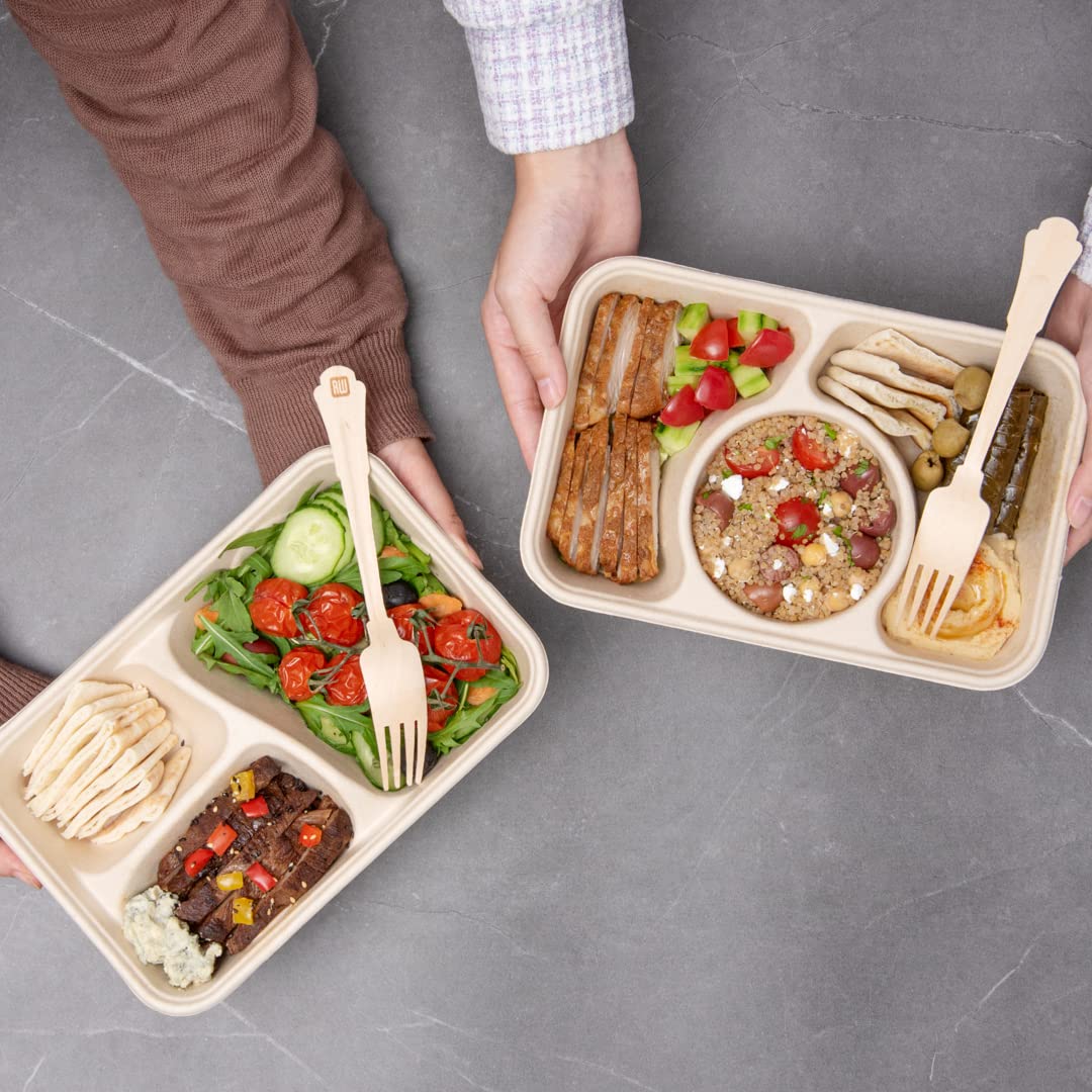 Eco-Friendly 31.3oz Sugarcane Fiber Takeout Containers - 100-Pack 3-Compartment Microwavable To-Go Boxes | Sustainable Bagasse Food Containers for Restaurants, Catering & Meal Prep (Lids Sold Separately)
