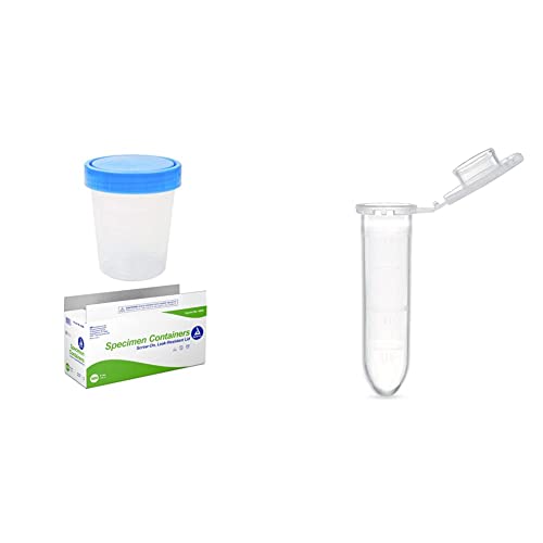 Dynarex Non-Sterile Specimen Containers with Lids - Bulk Pack of 500 Clear Cups with Blue Lids & Globe Scientific 111568 Polypropylene Graduated Microcentrifuge Tubes - Ideal for Medical Labs, Research, and Sample Collection
