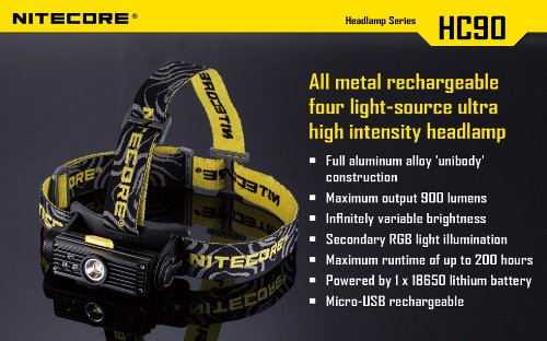 NITECORE HC90 Rechargeable Headlamp - 900 Lumens, CREE XM-L2 & RGB LEDs, 4 Light Modes, USB Rechargeable - Perfect for Camping, Hiking, Fishing & Emergency Use - Includes Free Keychain Flashlight (Random Color)