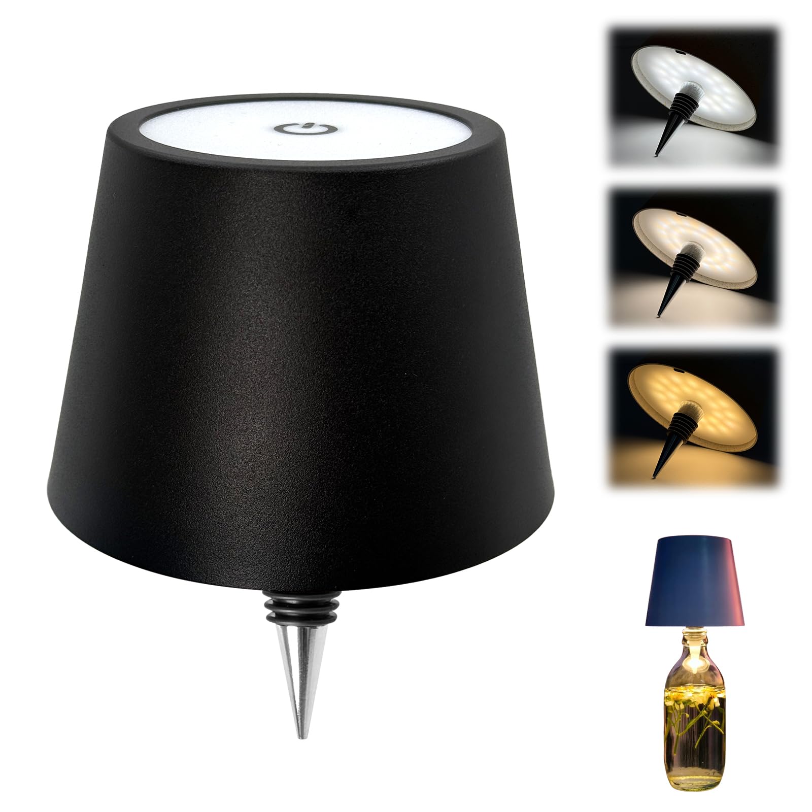 Rechargeable Wireless LED Bottle Lamp with Metal Shade - 3 Color Changing, Stepless Dimming Wine Bottle Lights for Home Bar, Wedding, Party Decor (Fits Any Bottle)