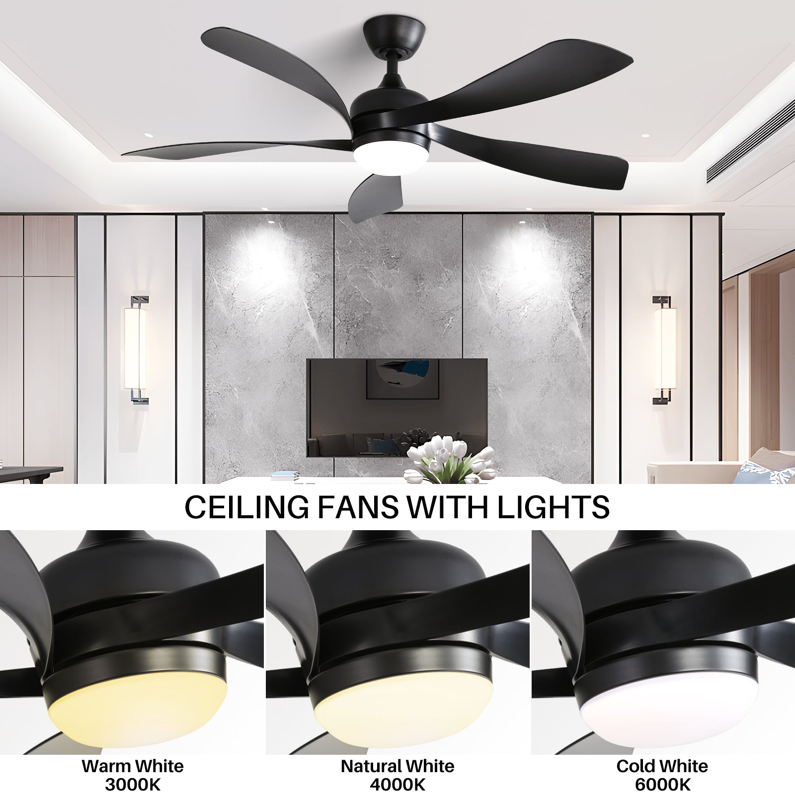52 Inch Modern Ceiling Fan with Remote Control - 3 Color Dimmable LED Light, 5 ABS Blades, Reversible DC Motor - Perfect for Living Room, Bedroom and Office Spaces