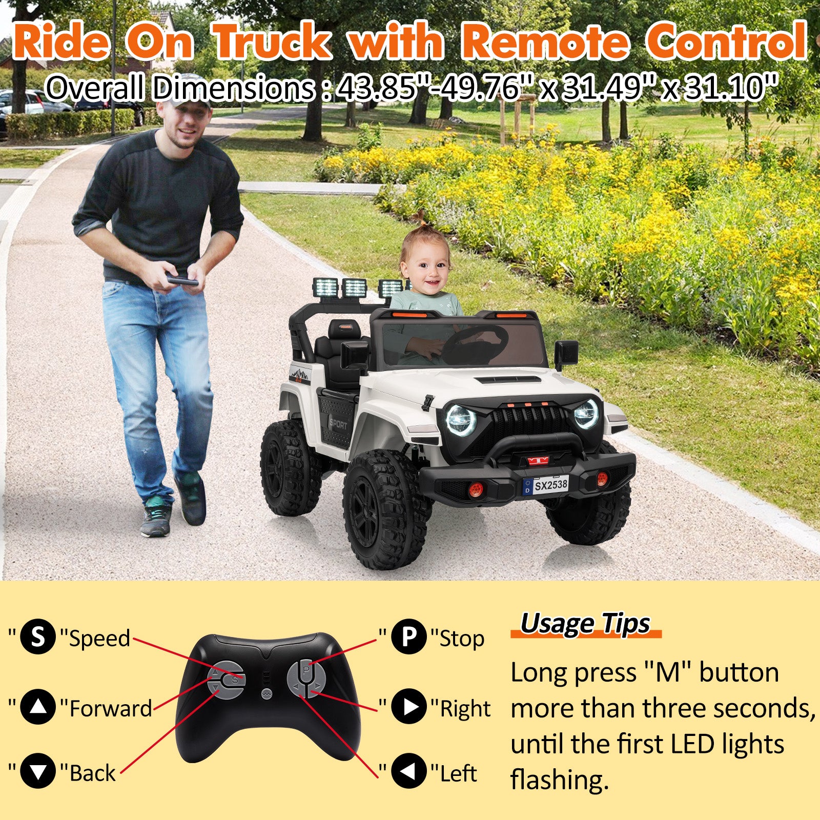 GARVEE 24V 4WD Kids Electric Ride On Car with Remote Control - 2 Seater Adjustable Footwell Truck, 3 Speed Settings, LED Lights & Bluetooth - Perfect for Outdoor Play, Birthday Gifts & Family Fun (White)