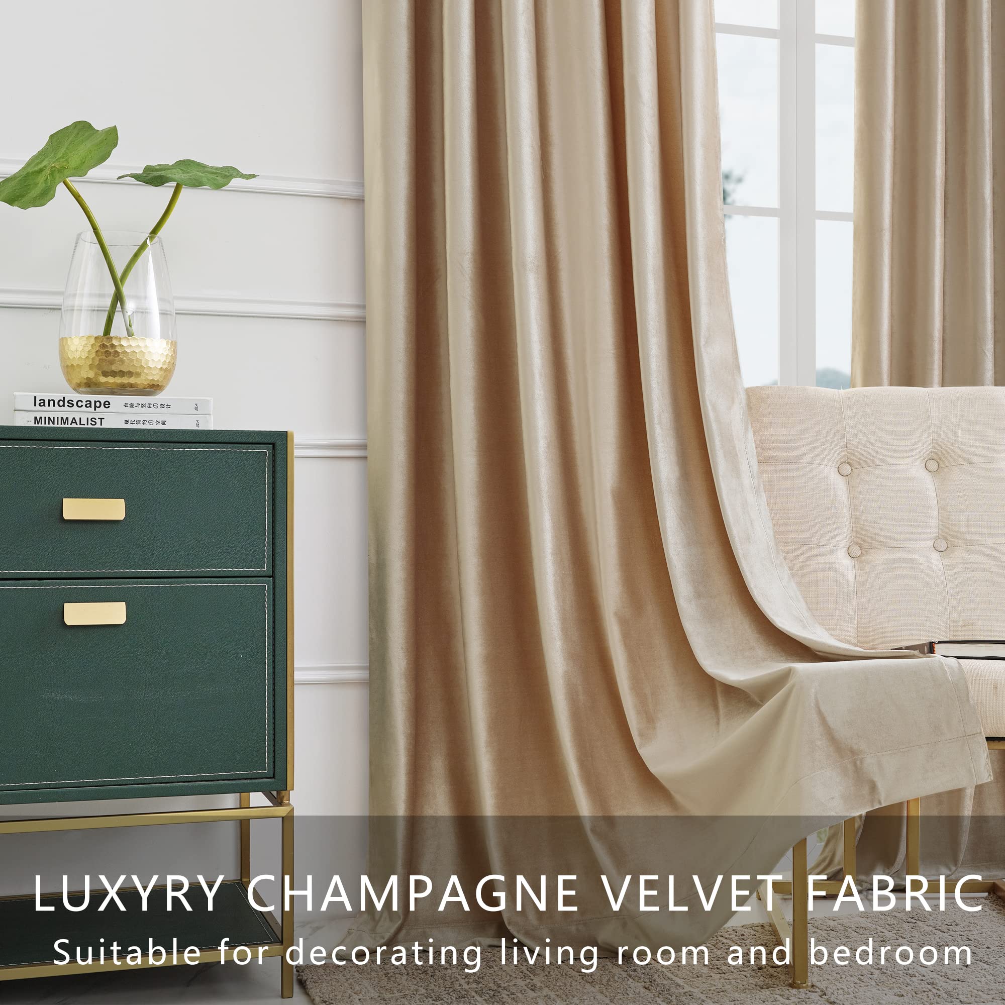Premium Blackout Curtains 108 Inch - Velvet Rod Pocket Window Drapes for Living Room & Bedroom (Set of 2 Panels) | Semi Room Darkening, Thermal Insulated, Noise Reducing | Elegant Champagne Home Decor for Better Sleep & Privacy