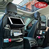 Premium PU Leather Car Seat Back Organizer - 5 Storage Pockets, Tablet Holder & Accessory Compartments | Travel Essentials for Kids Toys, Bottles & Snacks | 2-Pack Black Seat Protectors for Road Trips & Family Vacations