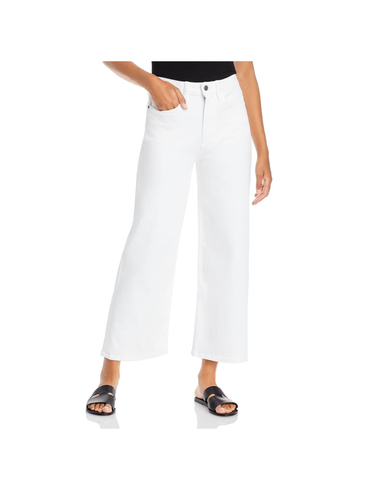 Women's White Stretch High Waist Wide Leg Jeans with Zipper Pockets | Cropped Ankle Length | Comfortable & Stylish for Casual Wear, Office Outfits & Weekend Errands