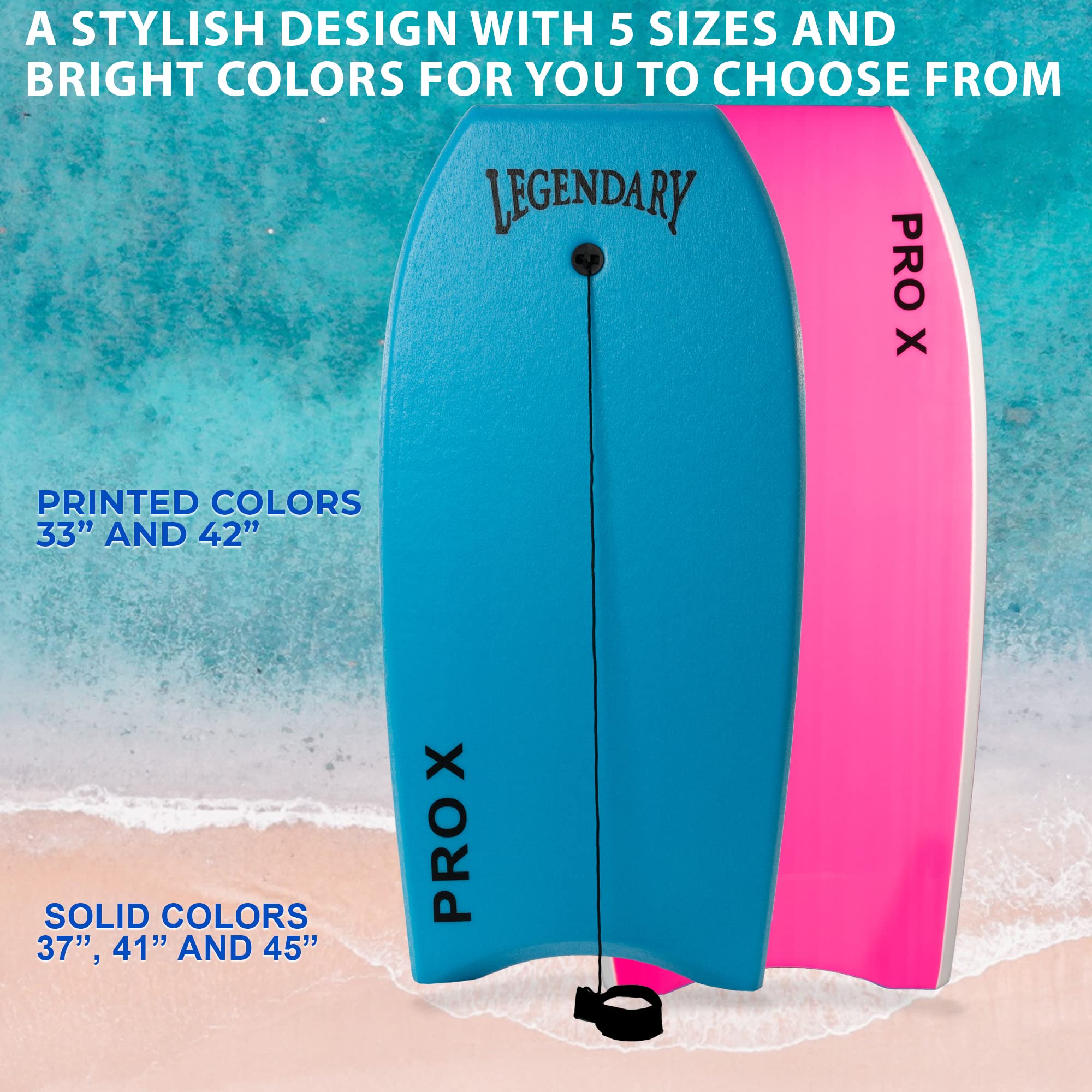 Legendary Pro X Bodyboard - Premium Hard Slick Bottom Boogie Board for Kids & Adults | Durable EPS Core & Leash Included | Perfect for Beach Waves, Surfing & Water Sports