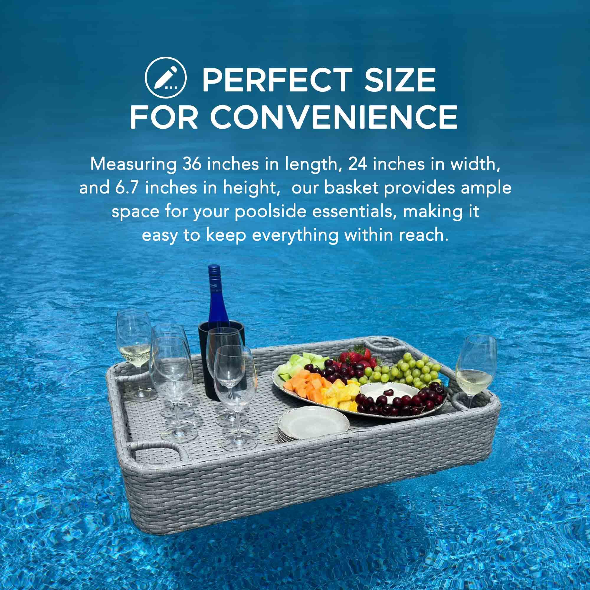 Sunjoy 36x24 Inch Wicker Floating Pool Tray with Aluminum Frame - Waterproof Floating Serving Tray for Drinks, Snacks & Essentials - Fits Most Swimming Pools - Perfect for Pool Parties, Relaxation & Summer Fun - Grey