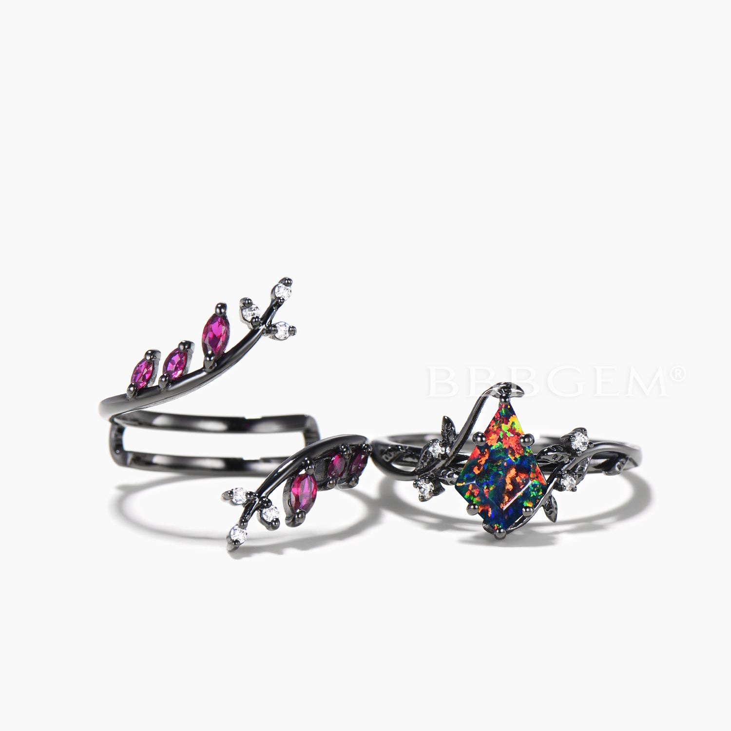 Twig Black Gold Bridal Set - Kite Cut Black Opal Leaf Engagement Ring with Ruby Band - Perfect for Weddings, Anniversaries & Romantic Gifts