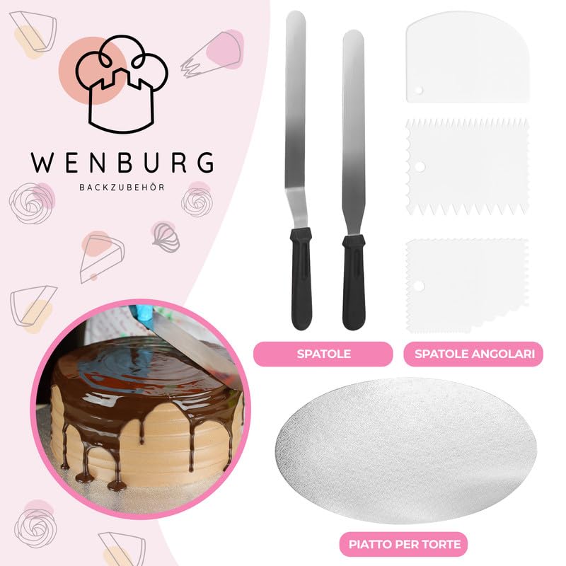 Wenburg Professional Cake Decorating Kit with E-Book - Complete Baking Set Includes Rotating Cake Stand, 2 Stainless Steel Icing Spatulas, 2 Decorating Combs, Silicone Bowl Scraper & Non-Slip Mat - Perfect for Birthday Cakes, Wedding Desserts & Home Baking Projects