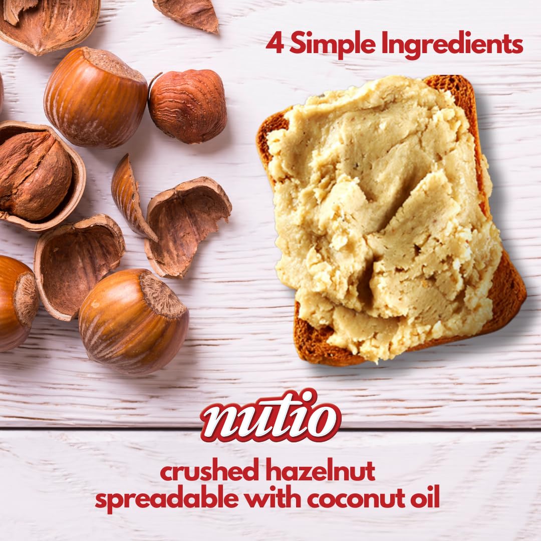 Nutio Crunchy Hazelnut Butter Spread - 77% Hazelnut, Low Sugar, Keto & Vegan Friendly, Gluten Free, Non-GMO, Palm Oil Free - Healthy Snack for Toast, Smoothies & Baking - 10.5 oz Glass Jar