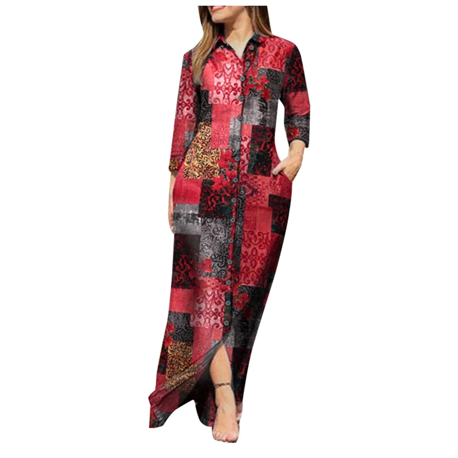 Women's Retro Print Lapel Button Long Sleeve High Waist Dress - Loose Flowy Casual & Evening Beach Dress for Party, Date Night, Vacation & Summer Outfits