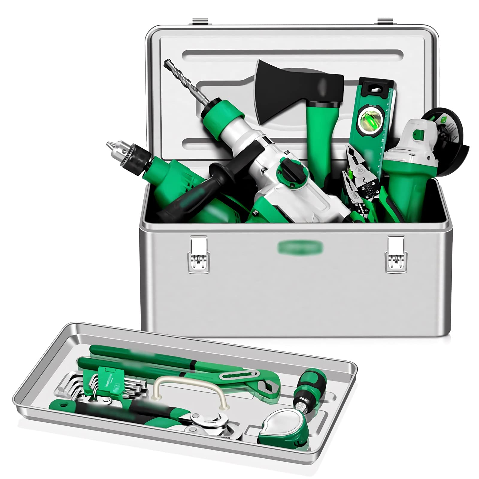 YIXIN Stainless Steel Tool Box with Removable Tray & Carry Handles - Portable Metal Hardware Storage Cabinet for Tools, DIY Projects & Workshop Organization (Small Size)