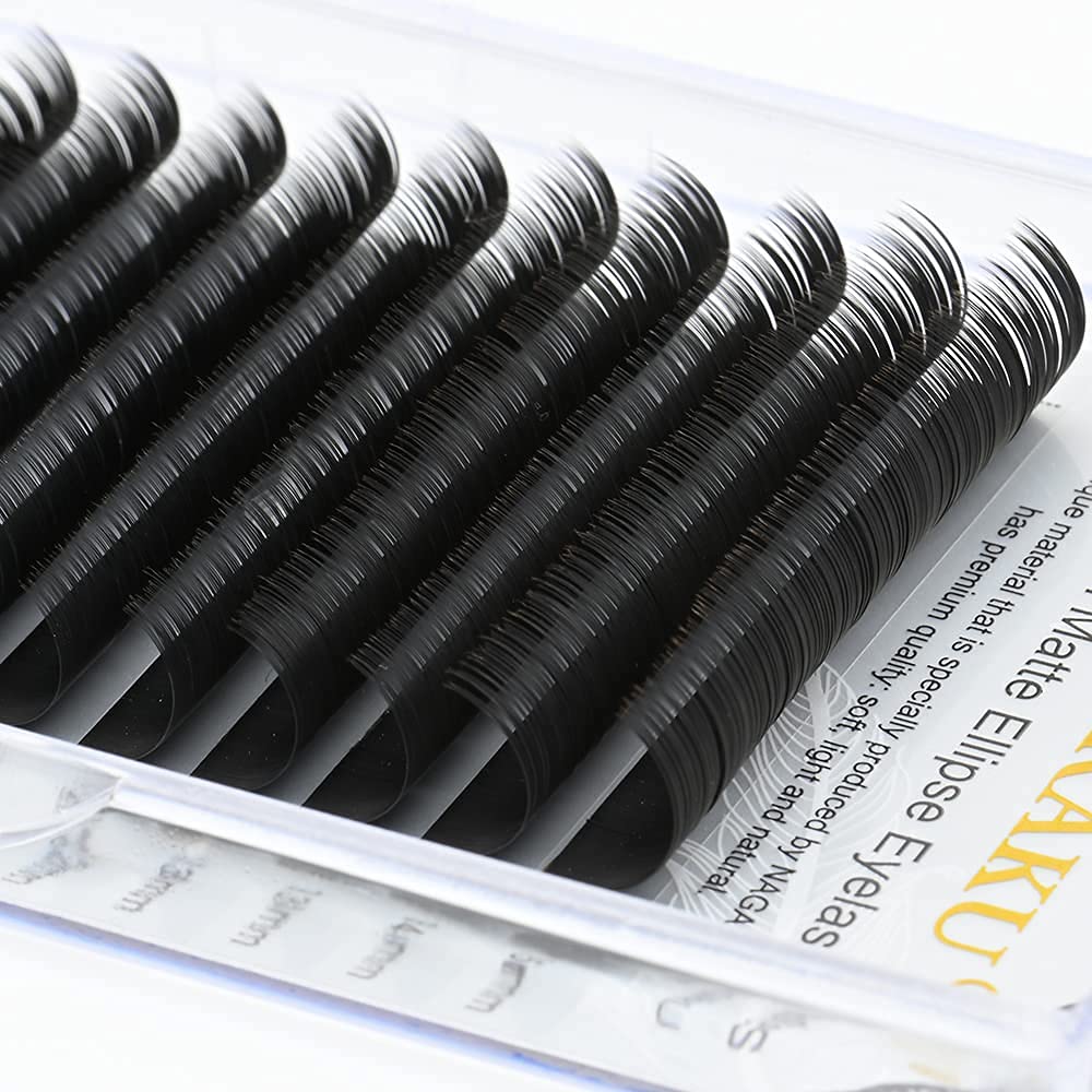 NAGARAKU Ellipse Eyelash Extensions - 0.15mm Flat Split Tips Individual Lashes in C Curl 14mm Matte Black | Professional Classic Lash Supplies for Salon & Home Use | Perfect for Volume Fans & Natural Looks