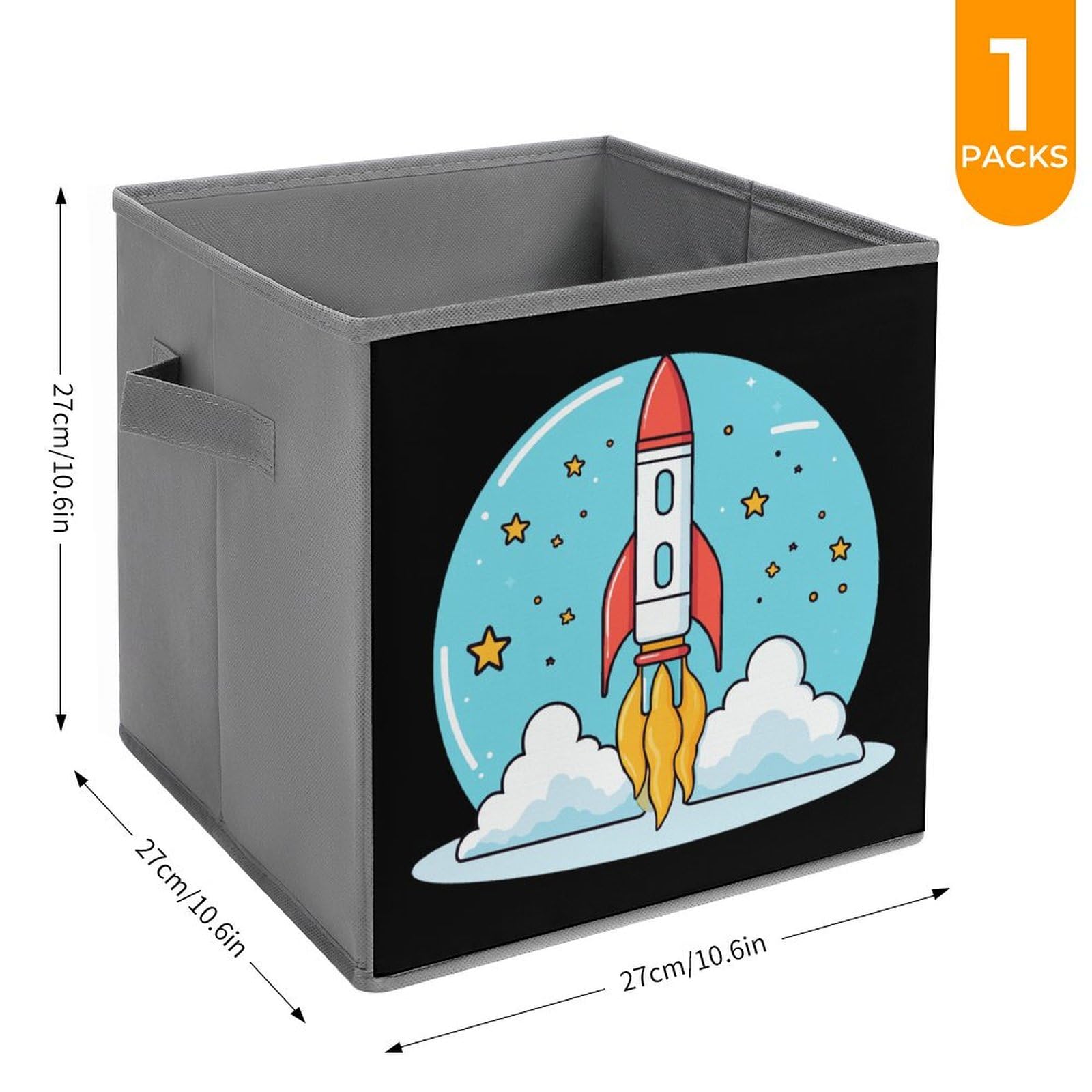 Cartoon Space Rocket Foldable Storage Bins - 1 Pack Square Organizer Baskets with Handles for Kids Room, Closet & Toy Organization | Space-Themed Decor for Bedroom & Playroom