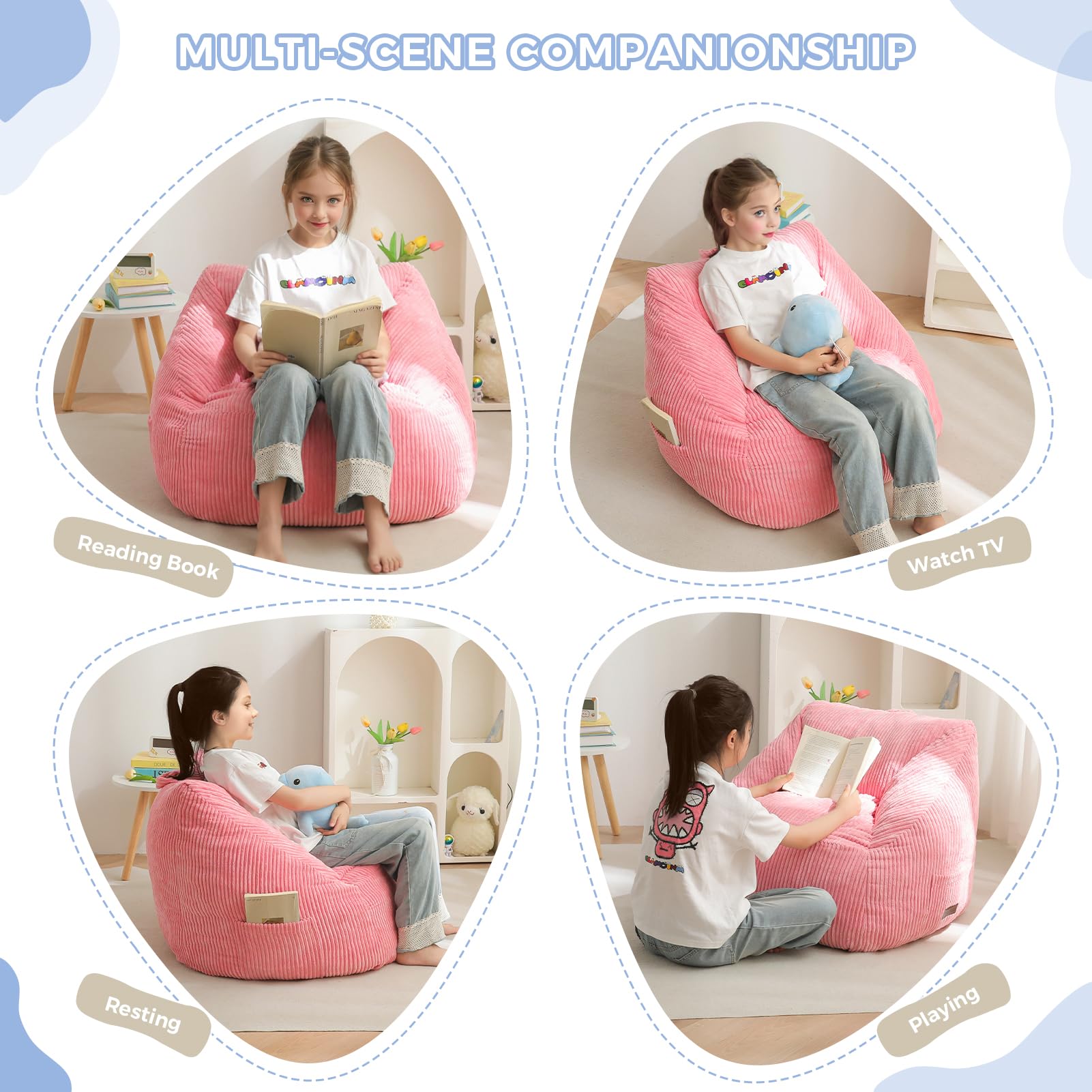 MAXYOYO Kids Bean Bag Chair - Soft Corduroy Bean Bag Couch with Handle & Storage Pocket for Gaming, Reading & Relaxing (Pink) - Perfect for Bedrooms, Playrooms & Dorm Rooms