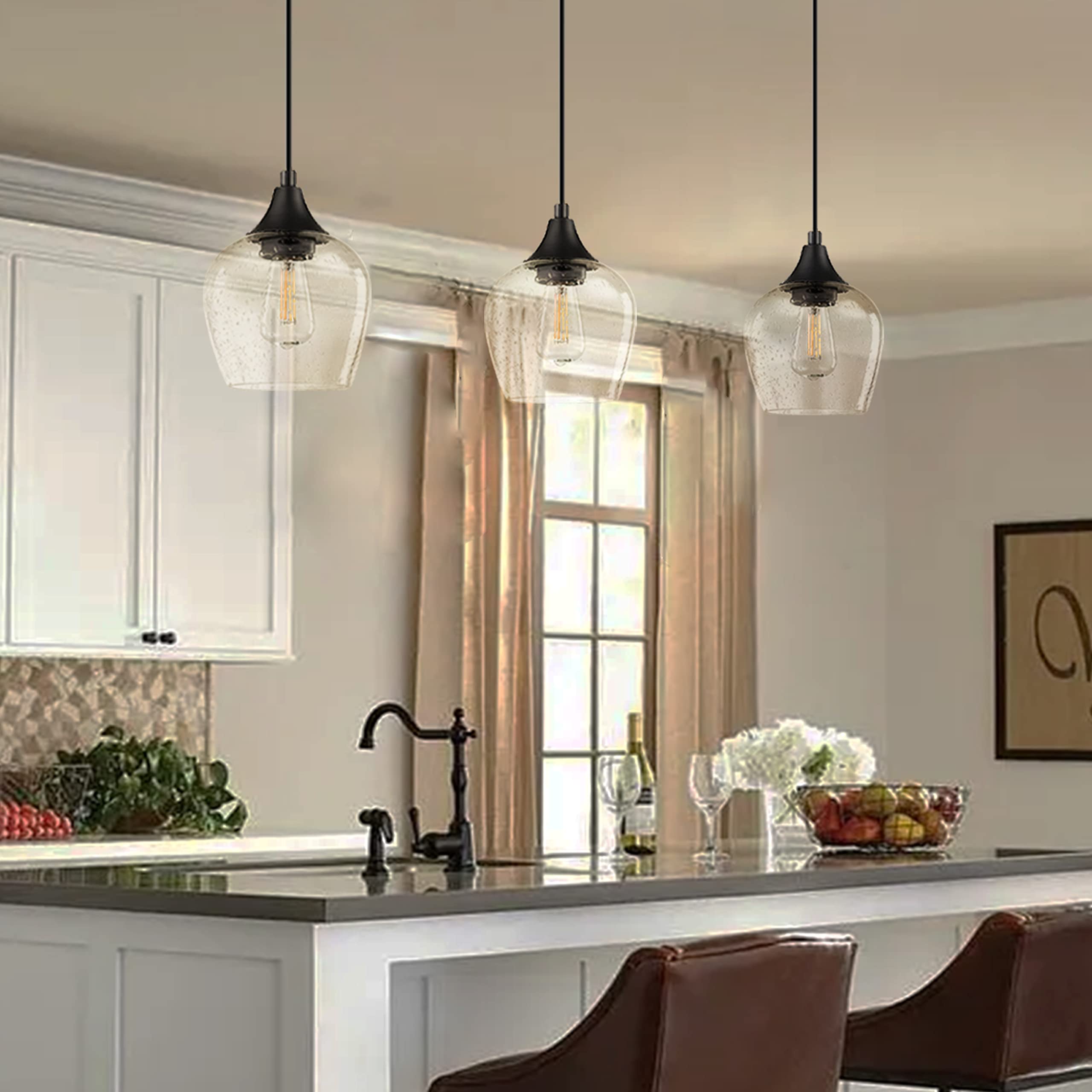 3 Pack Black Mini Hanging Pendant Lights with Clear Seeded Glass Shades - Indoor Kitchen Island Lighting for Dining Room, Bar Counter, Breakfast Nook & Home Decor