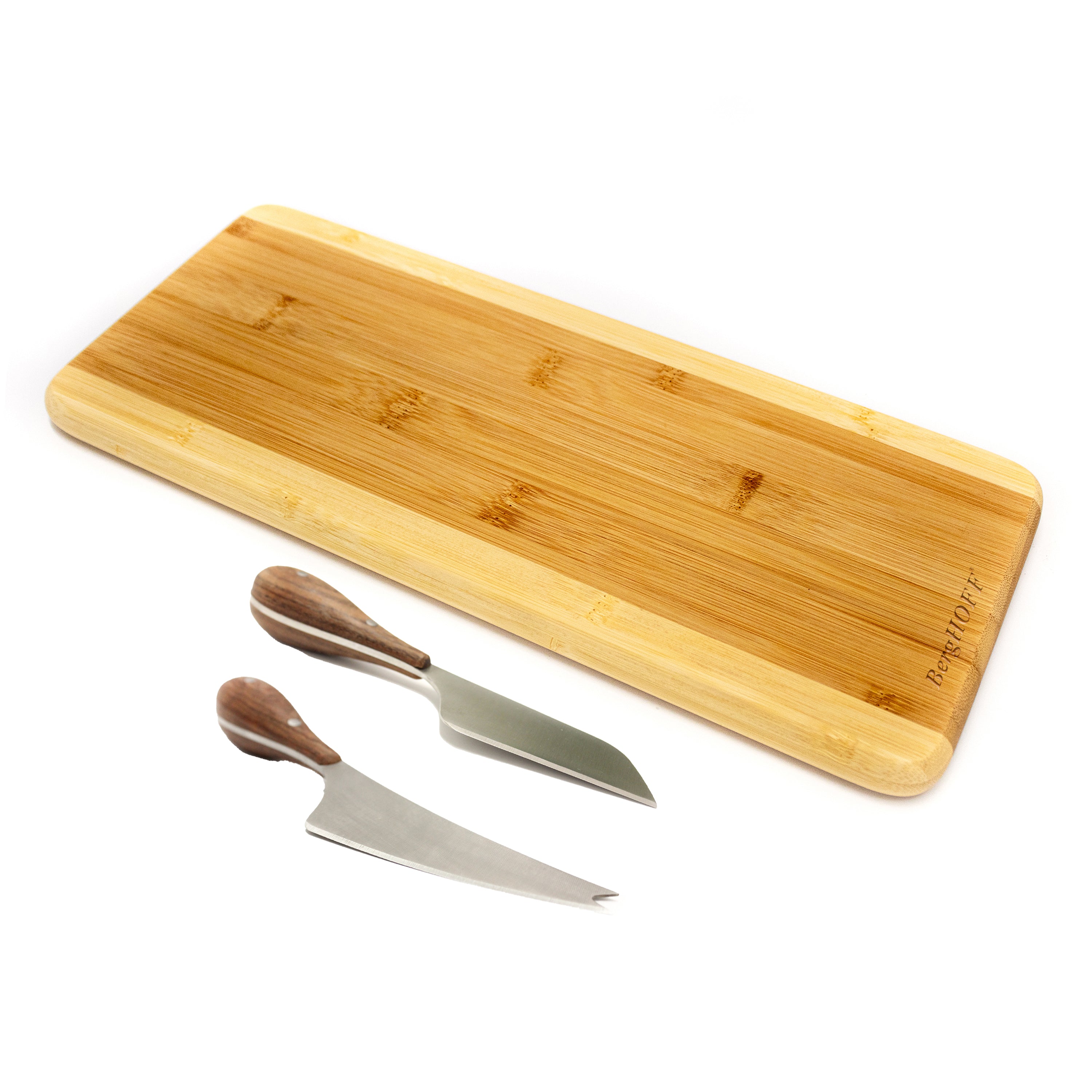 BergHOFF Aaron Probyn 3-Piece Cheese Knife Set with Bamboo Cutting Board - Stainless Steel Knives & Two-Tone Design for Cheese Platters, Charcuterie Boards & Entertaining