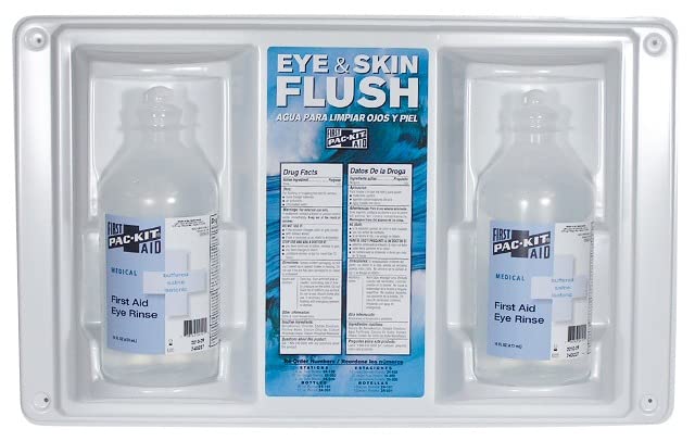 Wall Mountable Eye and Skin Wash Station - Pac-Kit MS55820 with Two 16 oz Bottles (4 Stations) - Emergency Safety Shower for Workplace, Lab, and Industrial Use