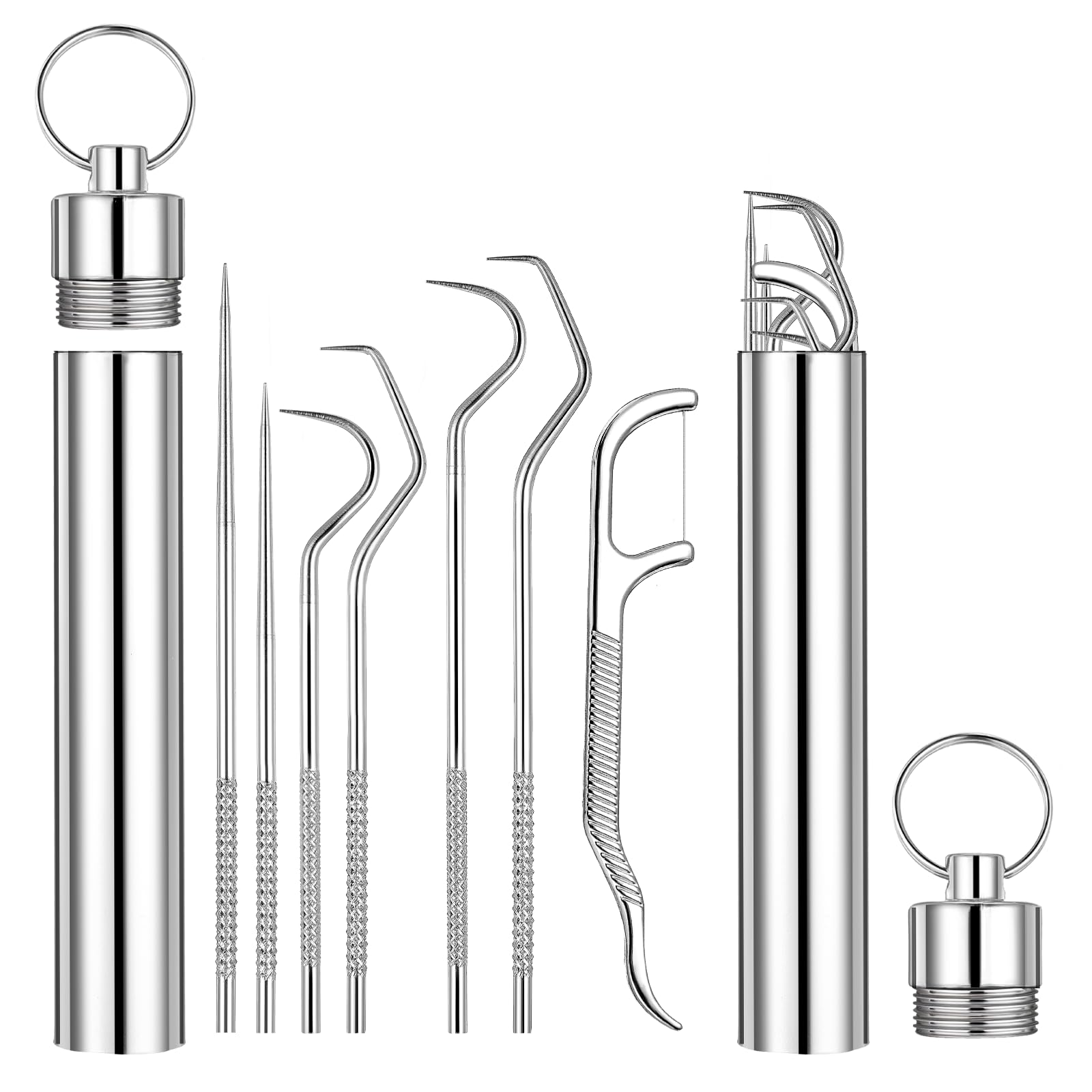 Premium Stainless Steel Toothpick Set - 7Pcs x 2 Reusable Metal Dental Picks with Holder | Multipurpose Teeth Cleaning Tools for Travel, Camping, Picnic & Daily Oral Care | Durable Portable Dental Hygiene Kit