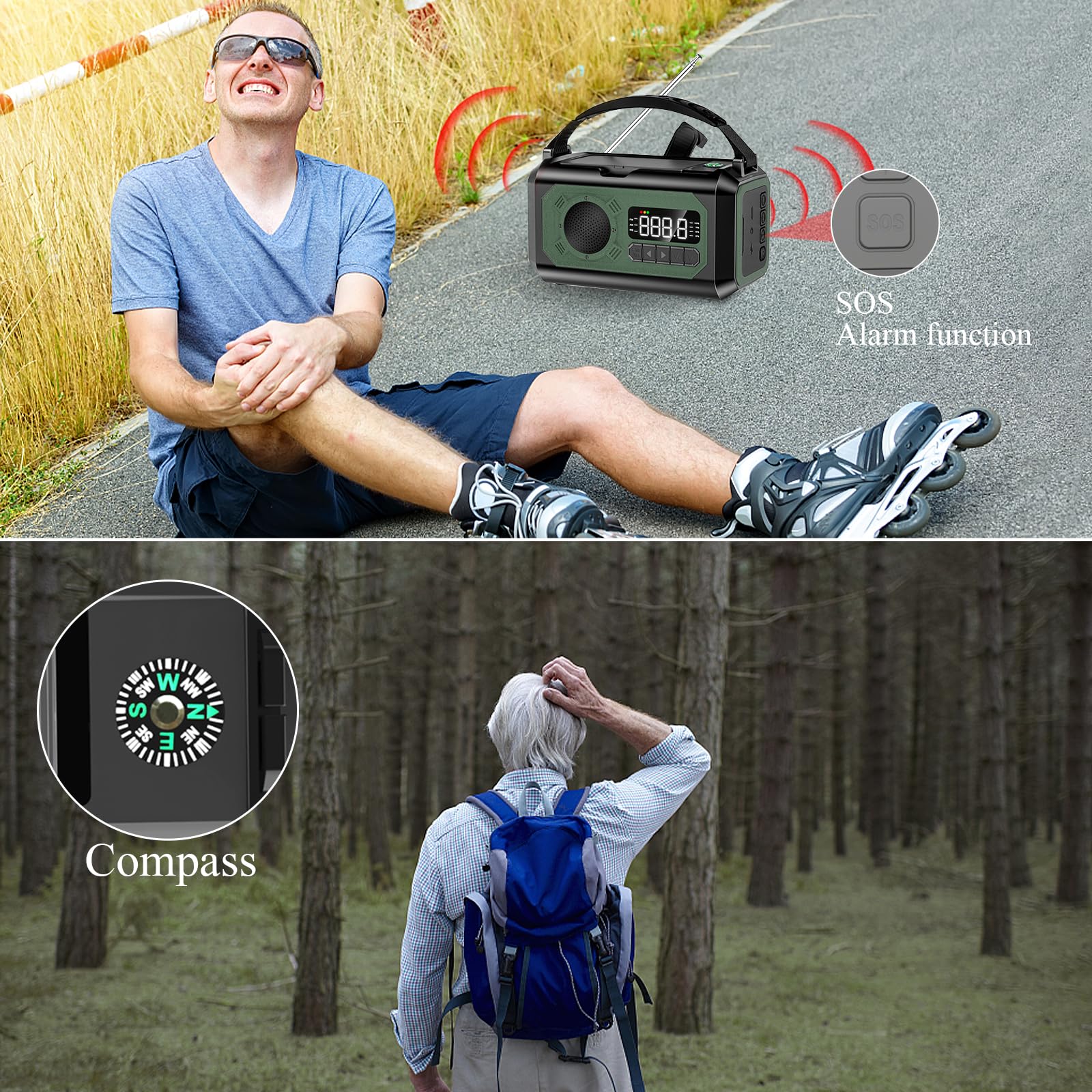12000mAh Solar Powered Emergency Weather Radio with NOAA Alerts - AM/FM/NOAA Weather Radio, 2 Solar Panels, USB Charging Port, SOS Alarm, Flashlight, Phone Charger, Compass & Reading Lamp - Perfect for Camping, Hiking and Emergency Preparedness