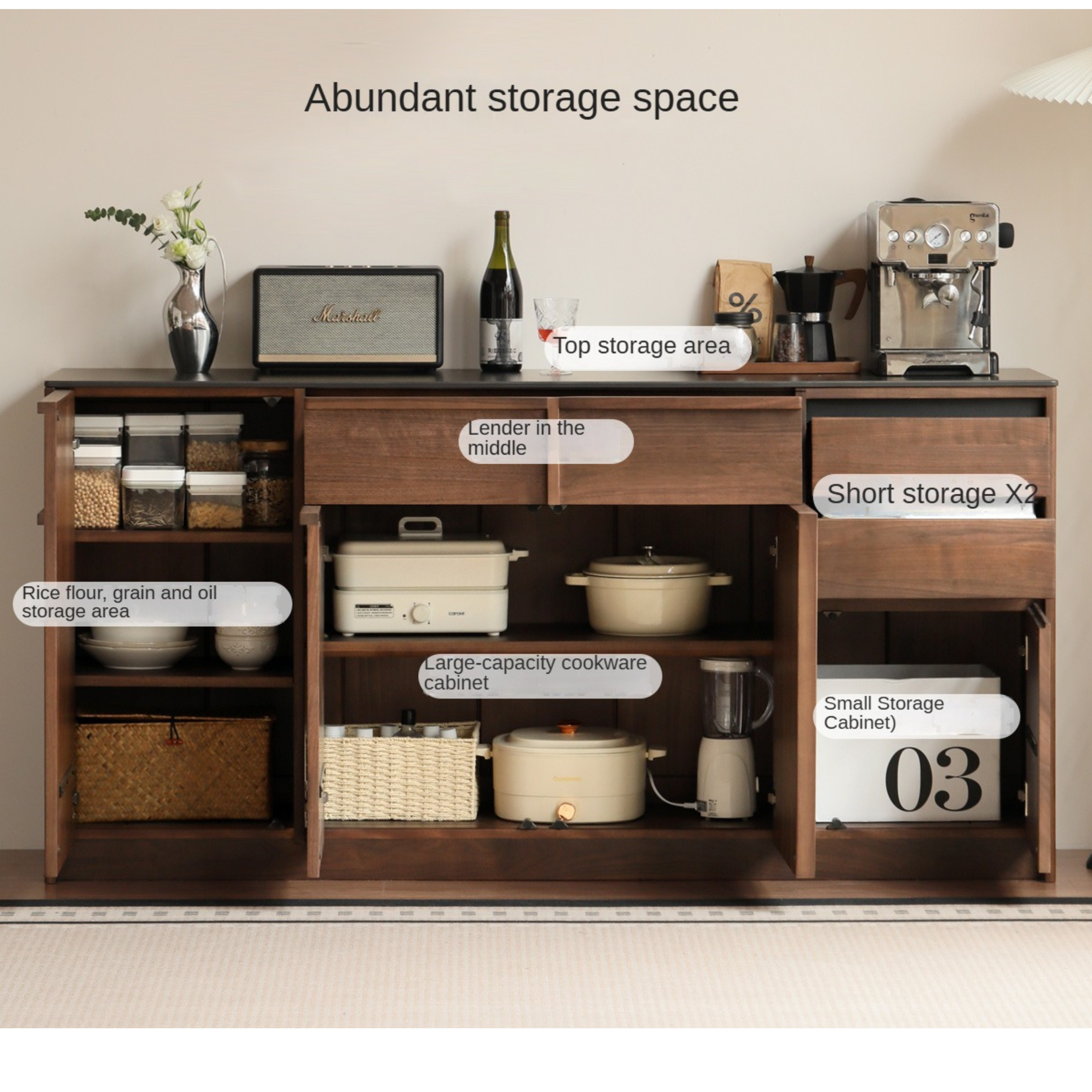 Premium Black Walnut Solid Wood Sideboard Buffet - Modern Light Luxury Dining Room Storage Cabinet for Formal Entertaining & Everyday Use