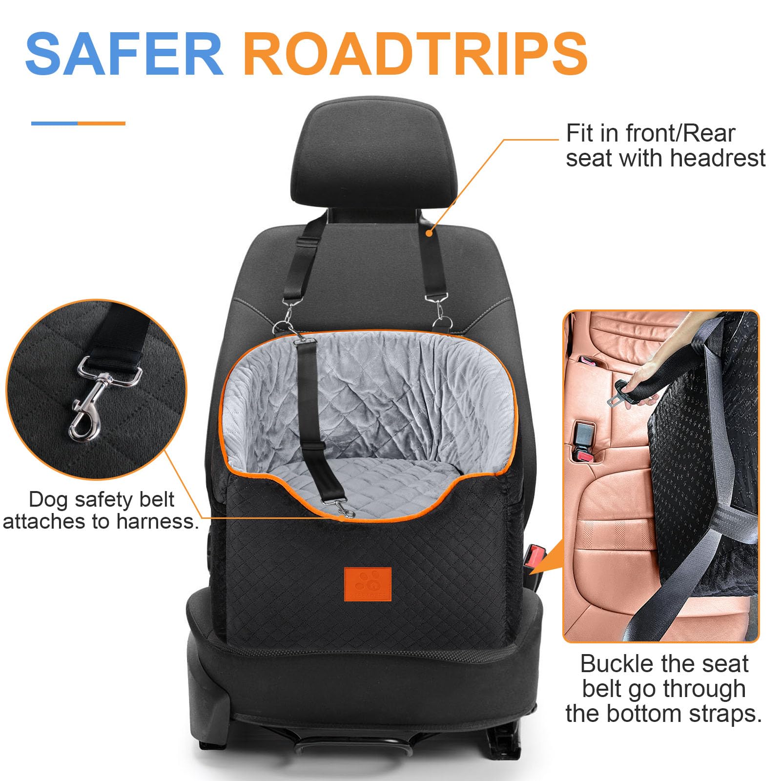**Memory Foam Dog Car Seat for Small Dogs up to 35 lbs - Washable & Removable Cover with Storage Pockets (Black/Gray) - Perfect for Road Trips, Vet Visits & Daily Commutes**