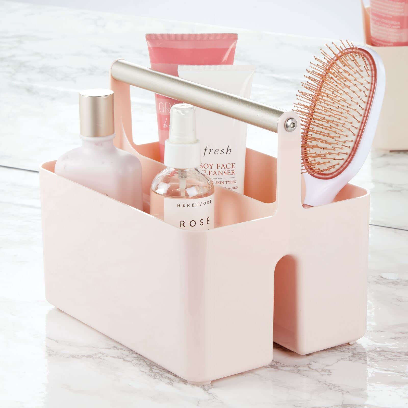 mDesign Plastic Shower Caddy Organizer with Metal Handle - Bathroom Storage Basket for Soap, Shampoo & Conditioner - Aura Collection in Light Pink/Satin - Perfect for Bathroom, Dorm & Kitchen Organization