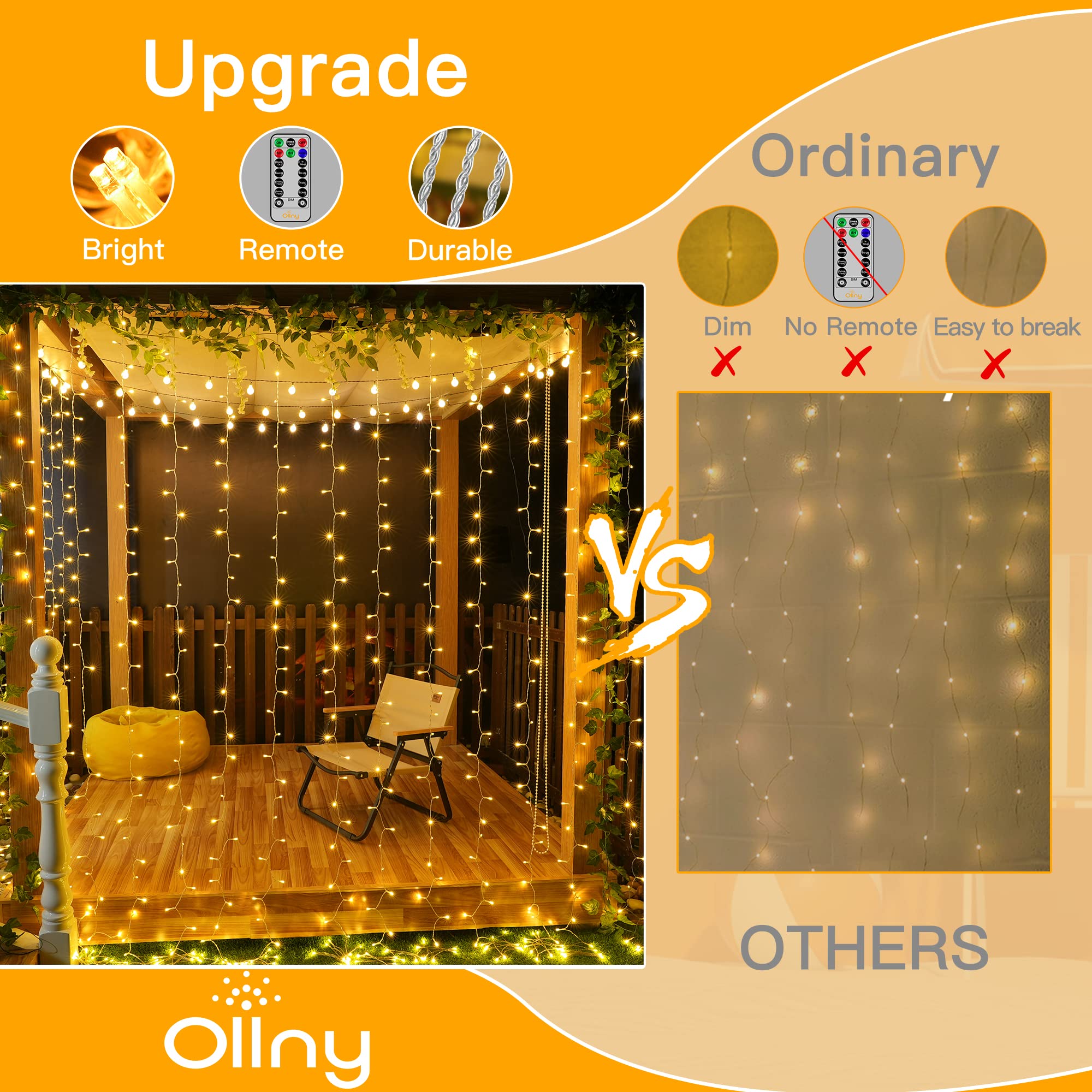 Ollny 200LED Curtain Lights 6.6x6.6ft - USB Powered Warm White Fairy String Lights with Remote, 8 Modes & Dimmable Timer - Waterproof Indoor/Outdoor Decorative Lighting for Bedroom, Wall, Window, Backdrop, Wedding, Party, Garden