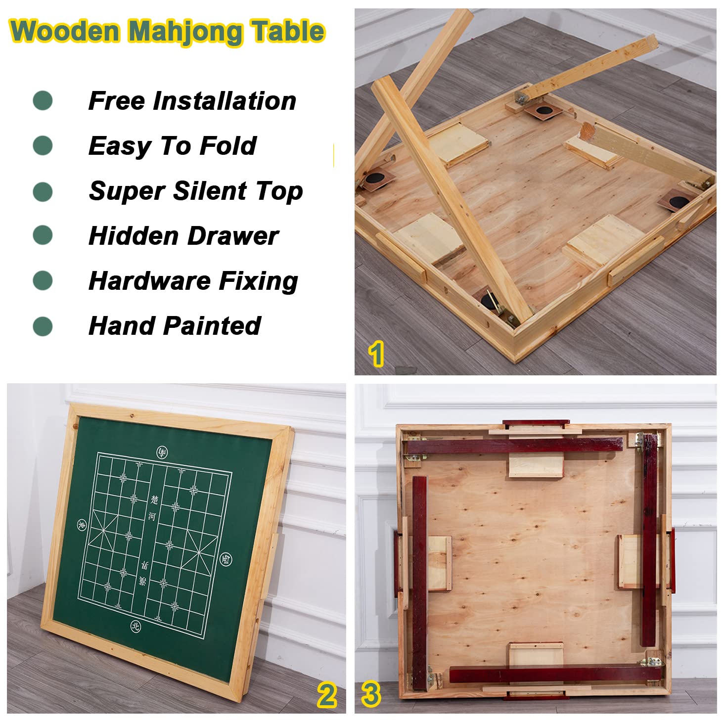 Foldable Wooden Mahjong Table with Drawer - 35