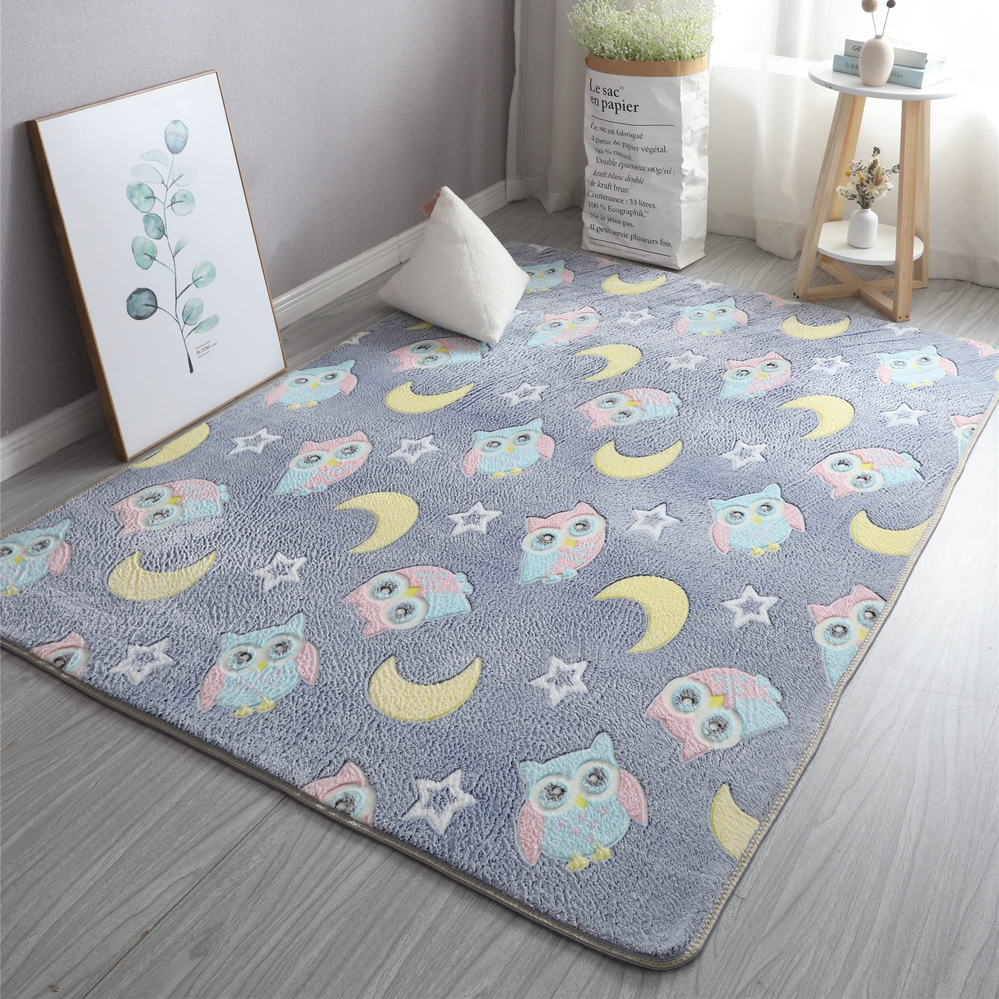 Glow in The Dark Area Rug - Soft Washable Modern Indoor Carpet for Bedroom, Living Room, Kids Room & Dorm Decor - Non-Slip Luminous Floor Mat (3.3x5.2 Feet, Grey Owl) - Perfect for Nighttime Safety, Nursery Accent & Cozy Home Atmosphere