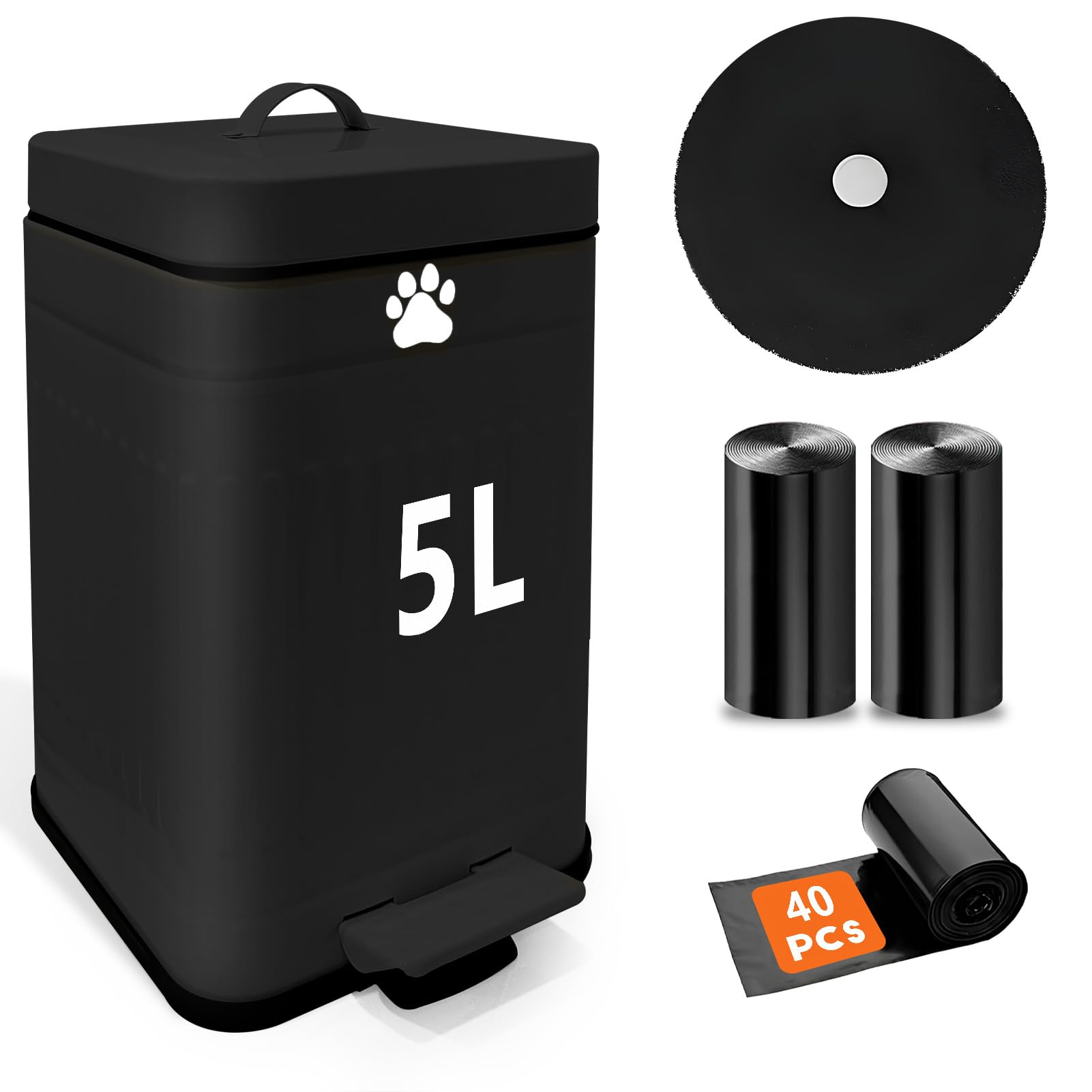 5L/1.3Gal Metal Dog Waste Trash Can with Lid & Foot Pedal - Outdoor Pet Poop Station Includes 40 Waste Bags - Soft Close Small Garbage Bin for Backyard, Patio & Dog Park (Black)