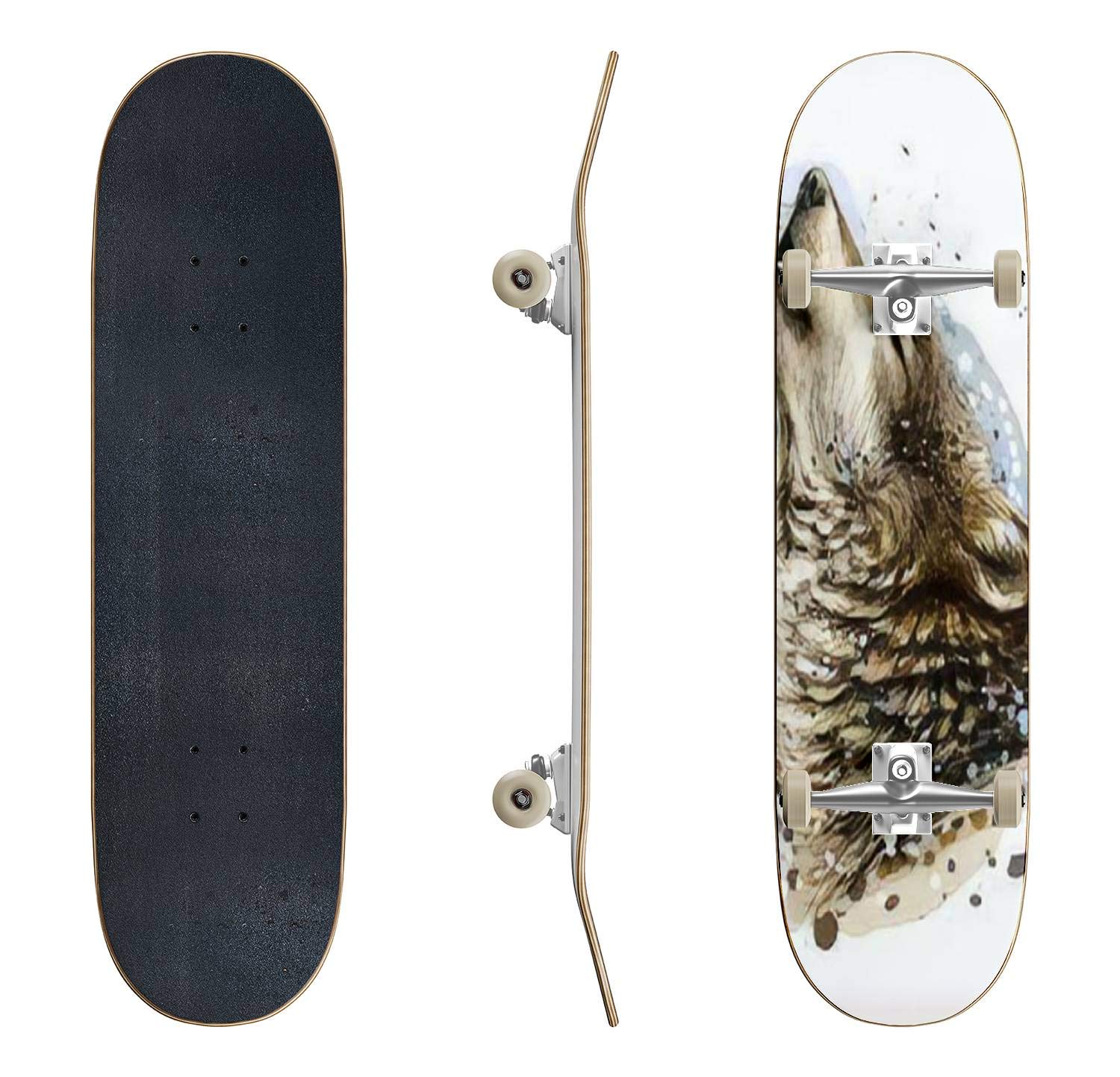 The Wolf Howls Graphic Skateboard - Classic Concave Deck with Wolf Head Design | Durable Longboard for Beginners & Professionals | Perfect Teen Gift for Extreme Sports & Street Skating