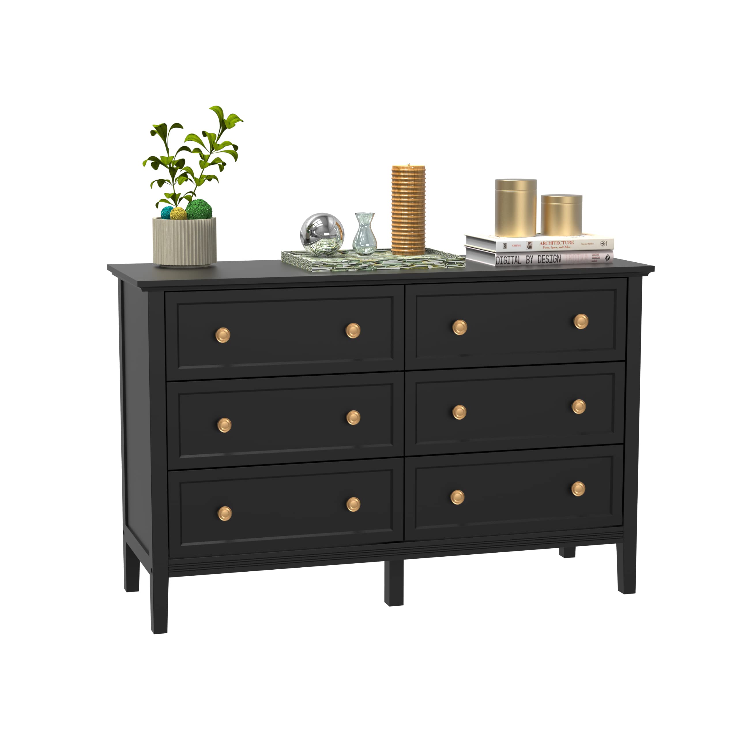 LYNSOM Black Dresser - Modern 6-Drawer Wooden Dresser for Bedroom & Living Room, Deep Storage Drawers, Wide Chest of Drawers for Home Organization | Perfect for Clothes, Linens & Bedroom Storage