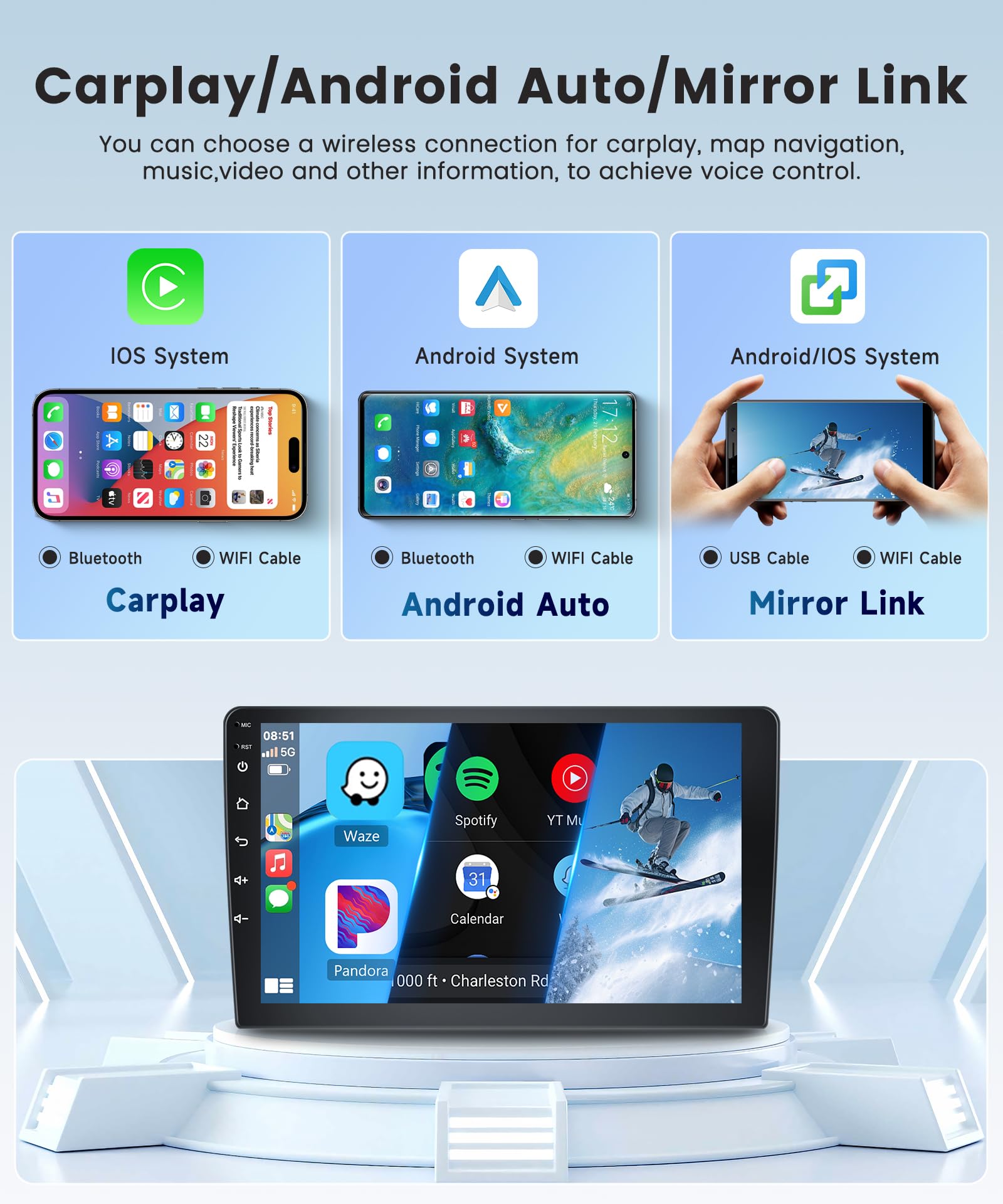 9 Inch Double Din Android Car Stereo with Wireless CarPlay & Android Auto - GPS Navigation, Bluetooth, WiFi, Touch Screen, FM Radio, USB, AHD Backup Camera - Perfect for Road Trips & Daily Commuting