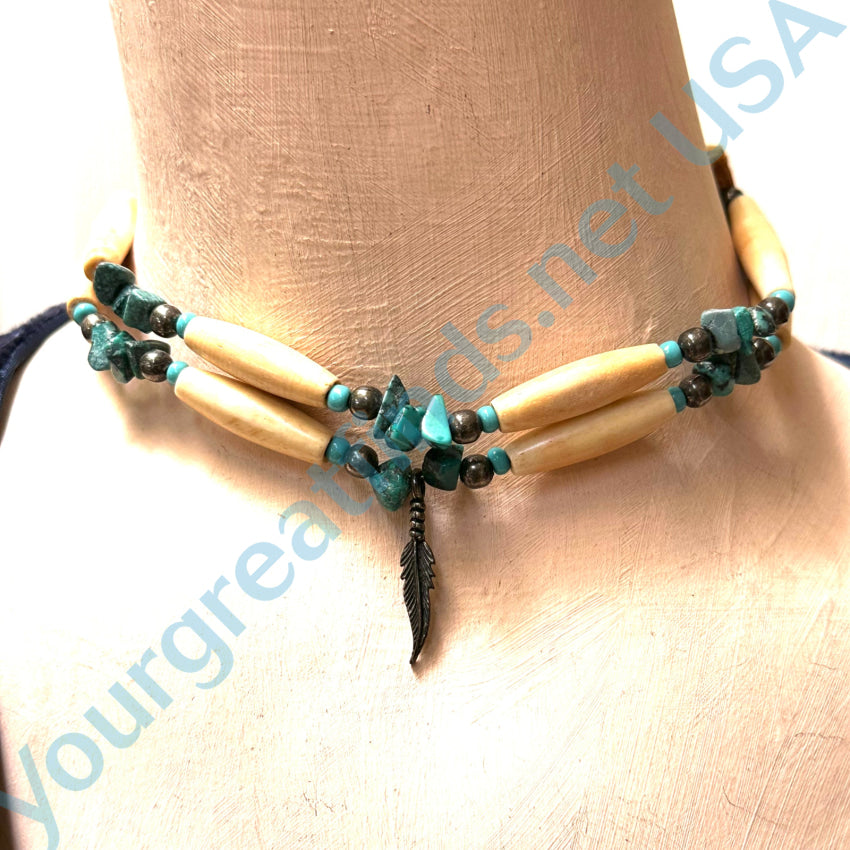 Vintage Hairpipe Bead Turquoise & Leather Choker Necklace - Handmade Boho Jewelry for Women - Perfect for Festivals, Concerts & Boho Fashion