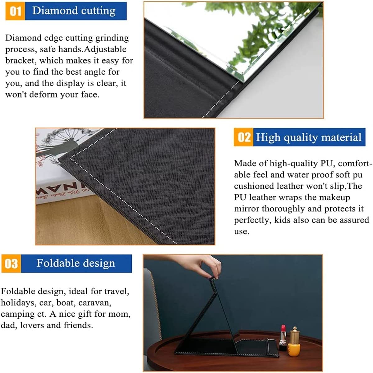 OLWICK® Folding Travel Mirror - Portable Adjustable Rectangular Makeup Mirror with PU Leather Case, Ultra Thin & Lightweight (17x12cm, Black 2-Pack) - Perfect for Travel, Camping, Home & Office Use